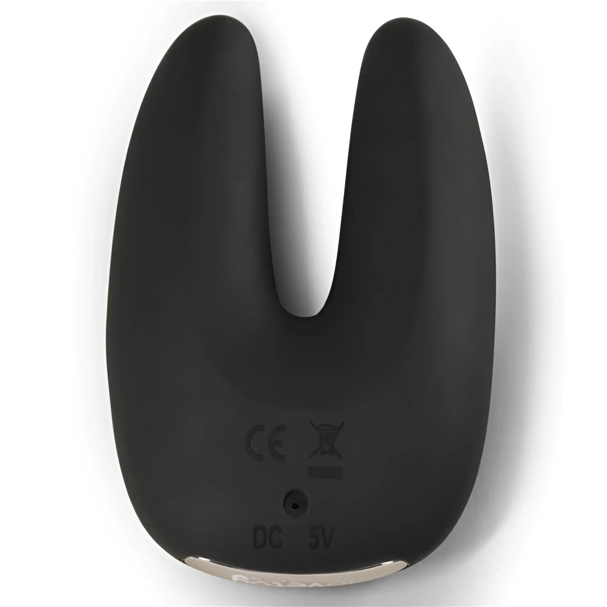 Black silicone u-shaped Lovetoy O Sensual Rapture dual motor clit massager vibrator with matte finish and metallic charging port