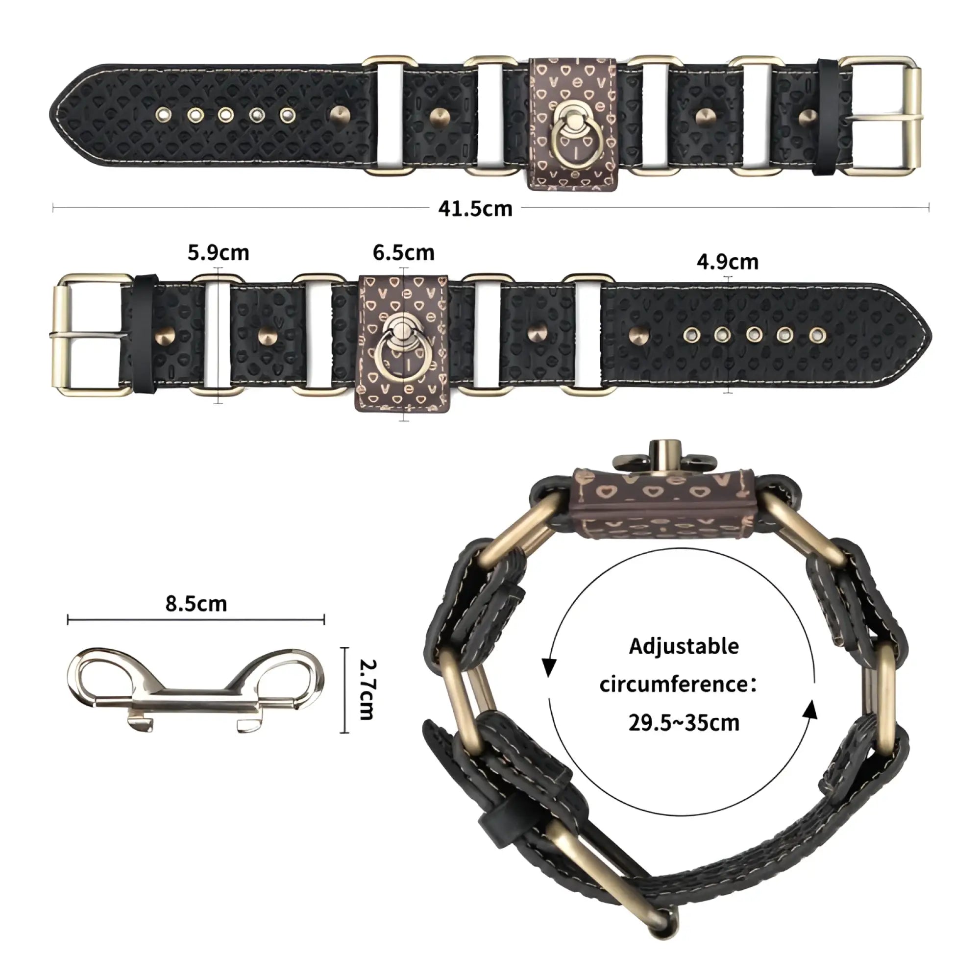 Lovetoy rebellion reign ankle cuffs in black leather with brown heart patterned buckle and brass metal hardware