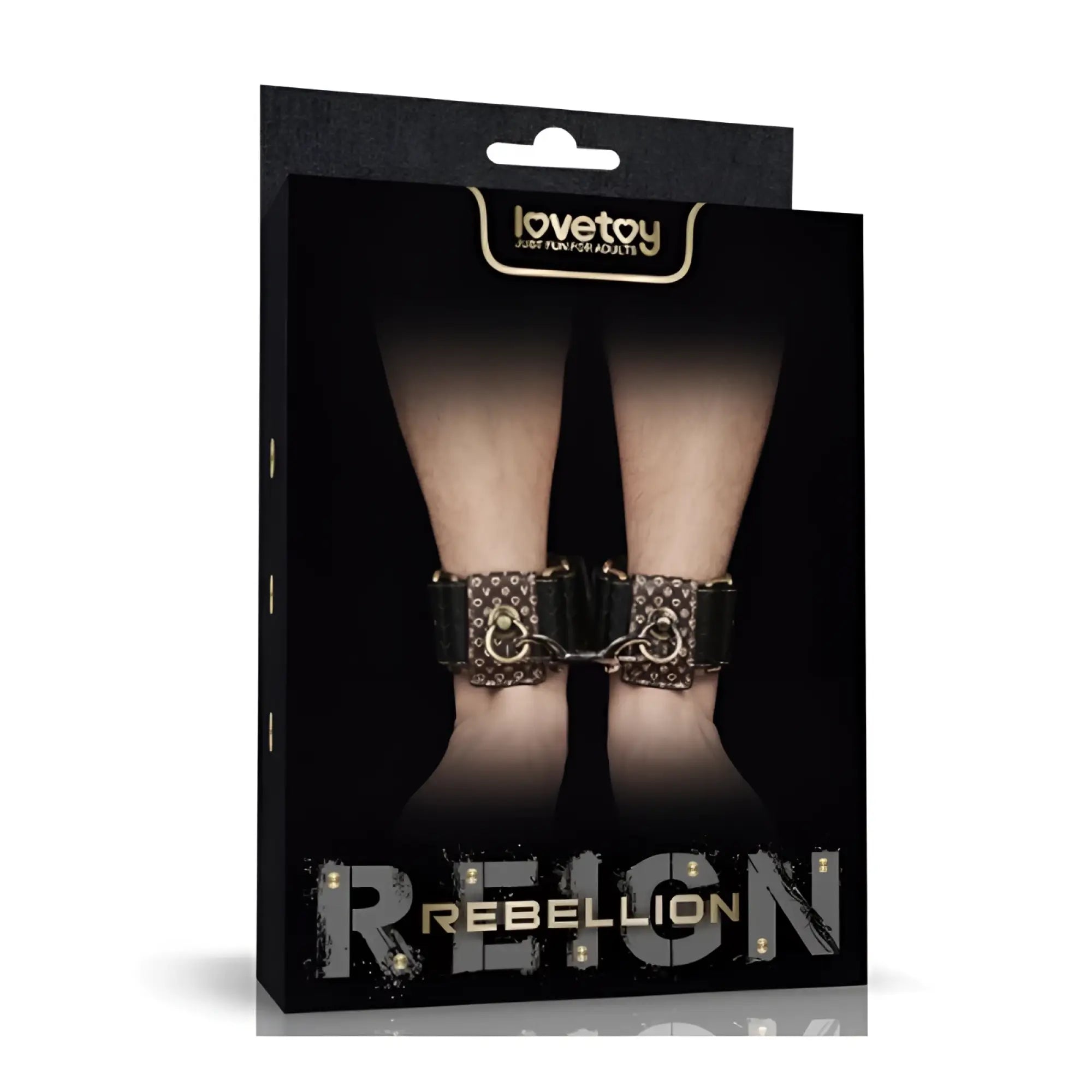 Black leather ankle cuffs with gold metal chain hardware branded rebellion by lovetoy from lovetoy rebellion reign collection