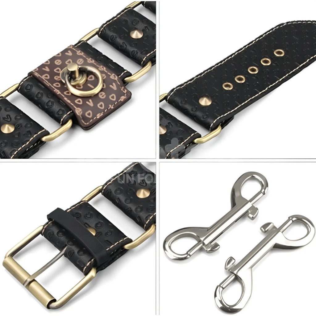 Lovetoy rebellion reign ankle cuffs are black textured leather with gold-tone hardware and a brown patterned buckle