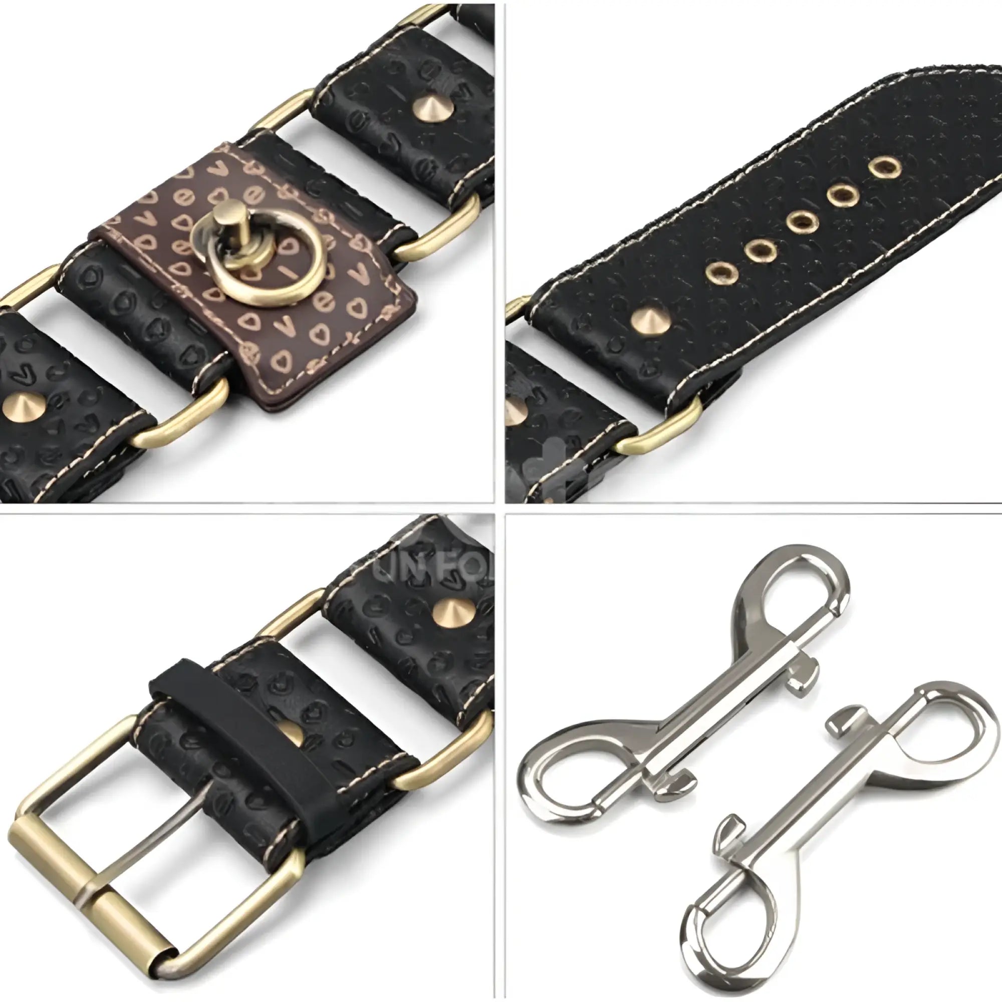 Lovetoy rebellion reign ankle cuffs are black textured leather with gold-tone hardware and a brown patterned buckle