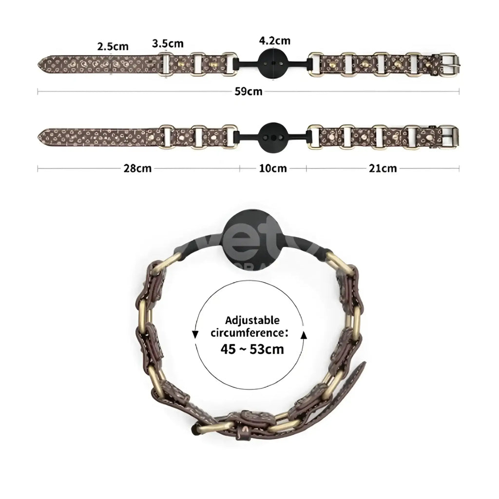 Brown patterned leather dog collar with metallic hardware and adjustable buckle for lovetoy rebellion reign ball gag