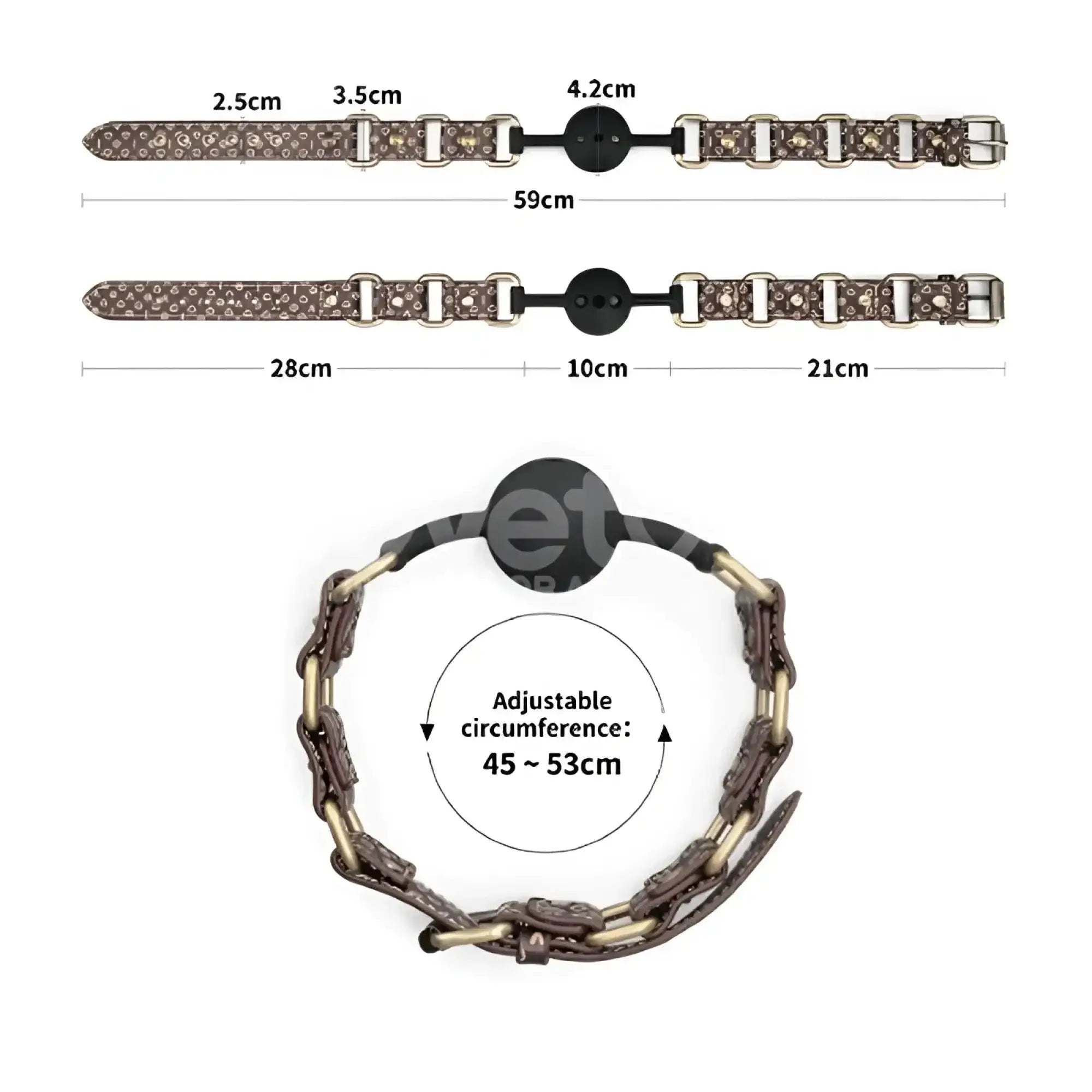 Brown patterned leather dog collar with metallic hardware and adjustable buckle for lovetoy rebellion reign ball gag