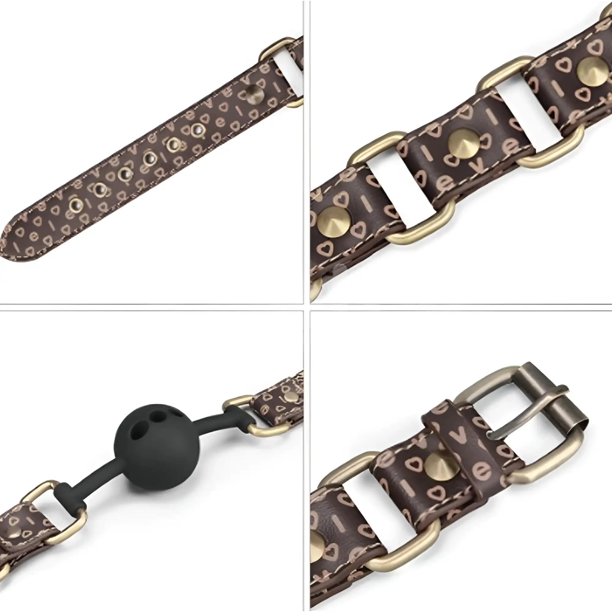 Lovetoy rebellion reign ball gag with brown leather strap gold lettering heart patterns brass hardware and black mouth gag