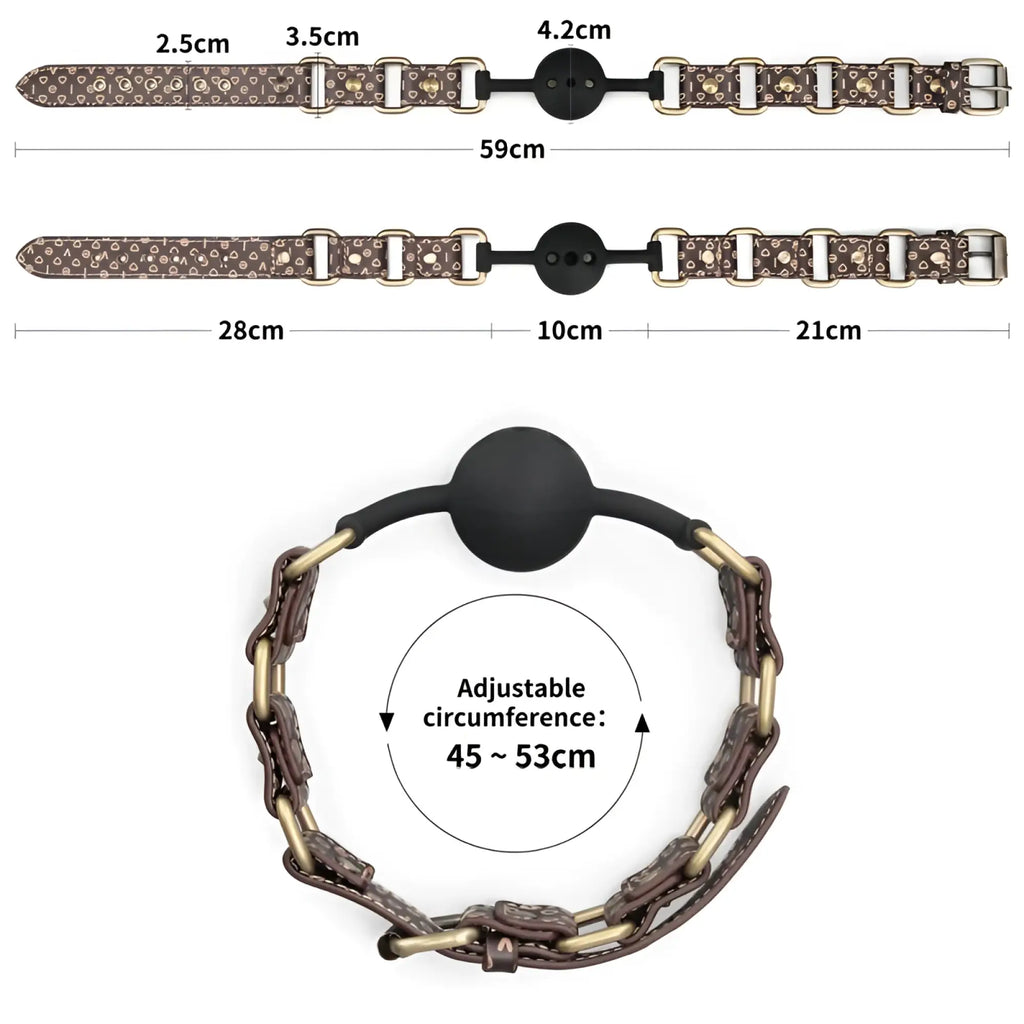 Lovetoy rebellion reign ball gag with brown leather strap gold-tone hardware and black spherical mouth gag