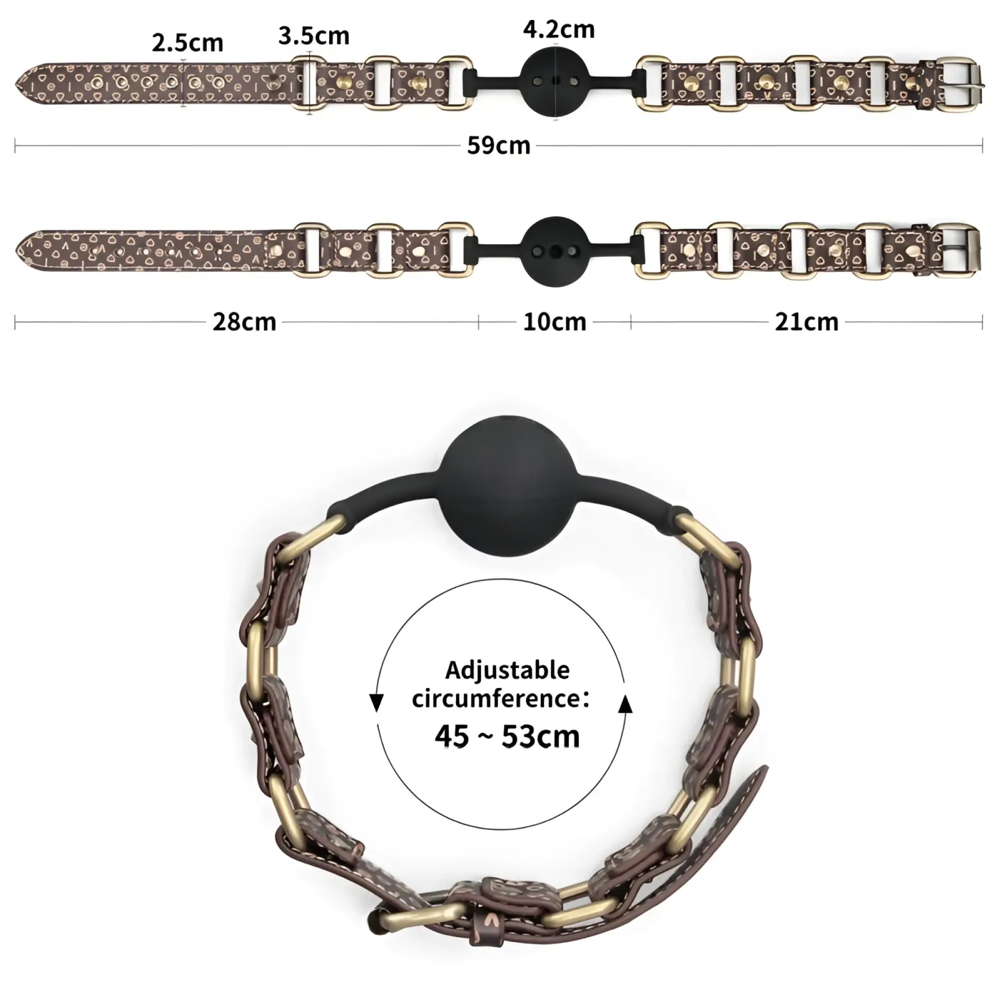 Lovetoy rebellion reign ball gag with brown leather strap gold-tone hardware and black spherical mouth gag
