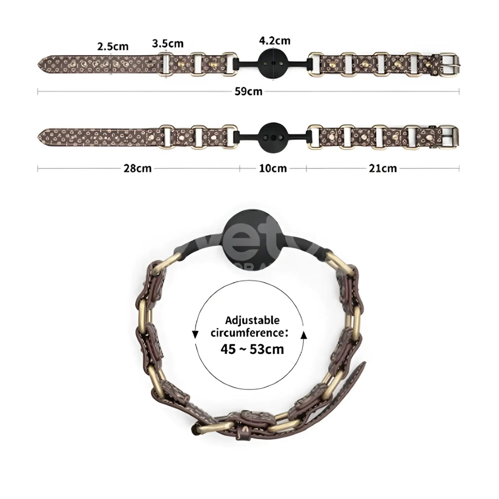 Brown patterned leather dog collar with metallic hardware and adjustable buckle for lovetoy rebellion reign ball gag