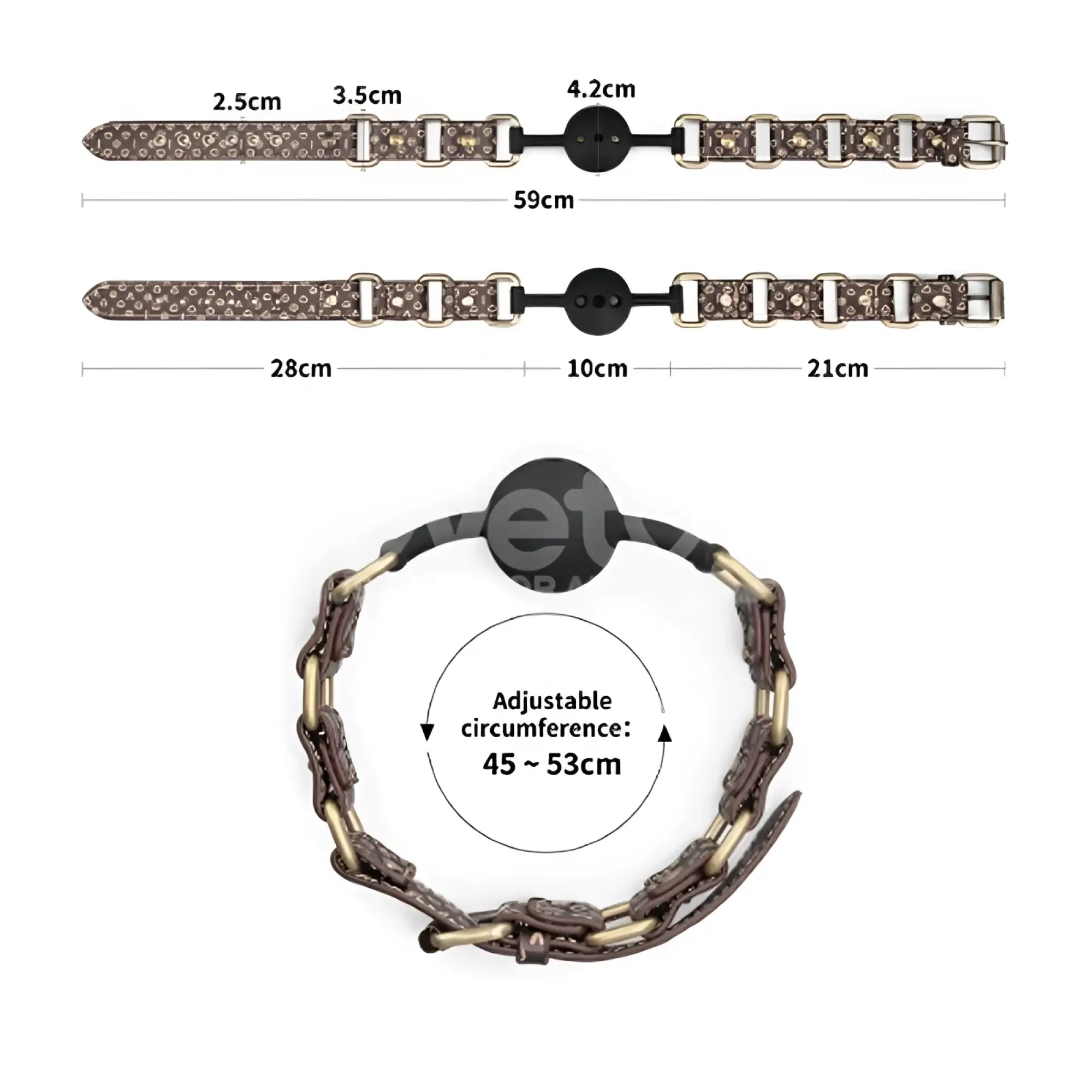 Brown patterned leather dog collar with metallic hardware and adjustable buckle for lovetoy rebellion reign ball gag