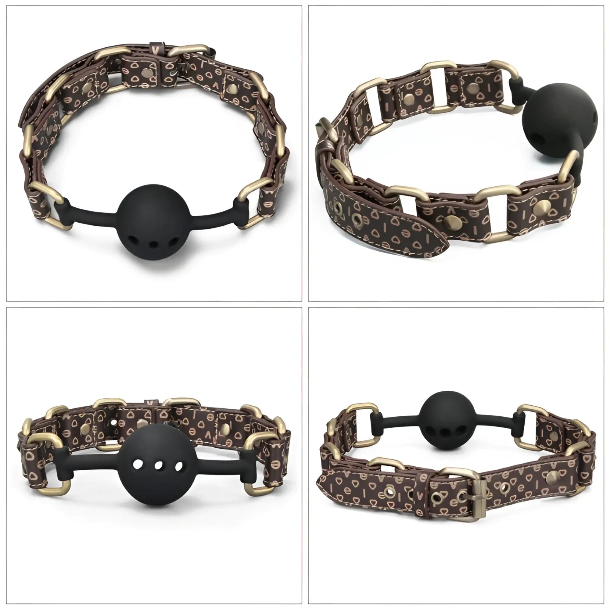 Brown patterned leather strap ball gag with gold-tone hardware and black silicone ball lovetoy rebellion reign ball gag