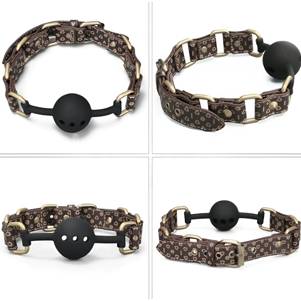 Lovetoy rebellion reign ball gag with brown patterned leather strap gold-tone hardware and black silicone ball