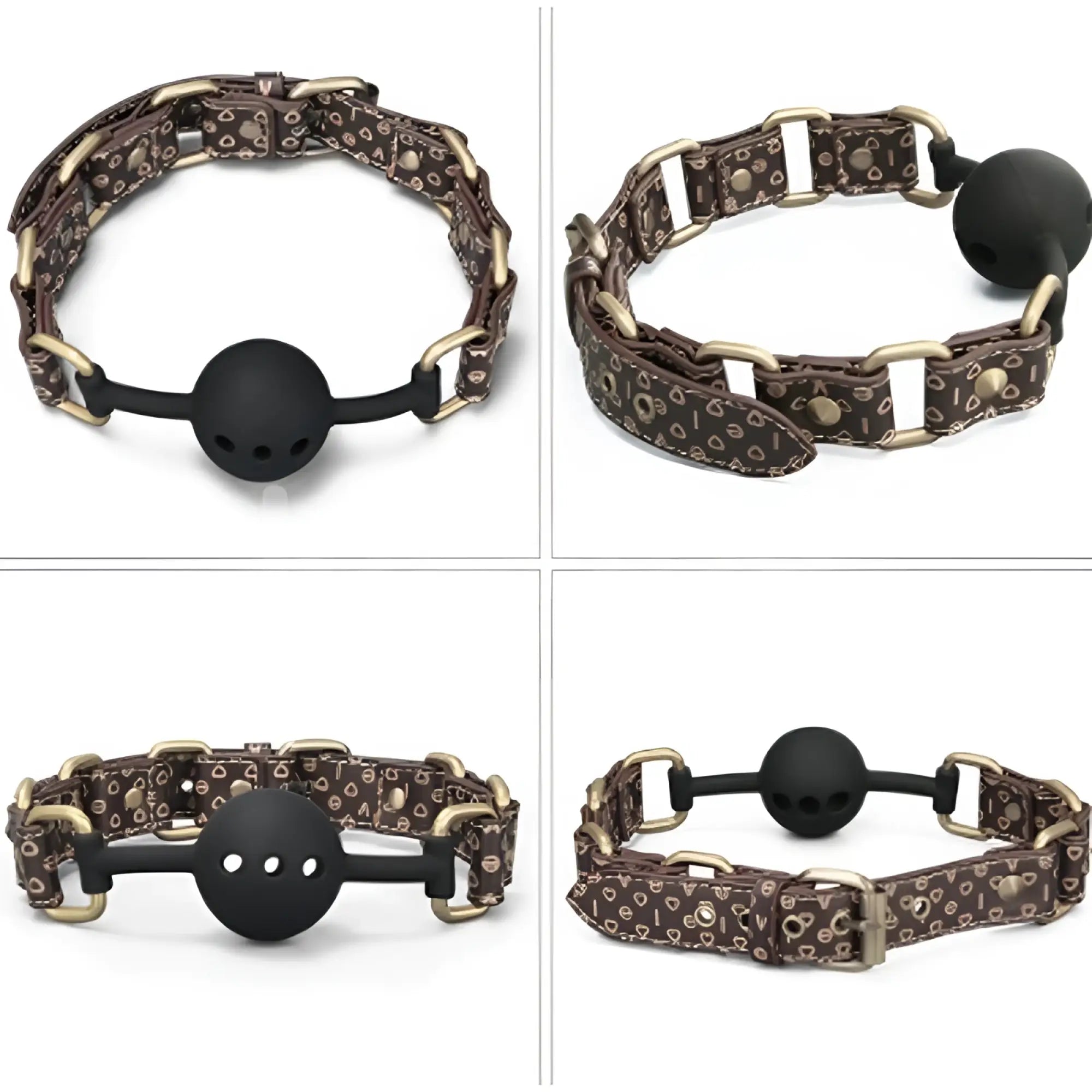 Lovetoy rebellion reign ball gag with brown patterned leather strap gold-tone hardware and black silicone ball