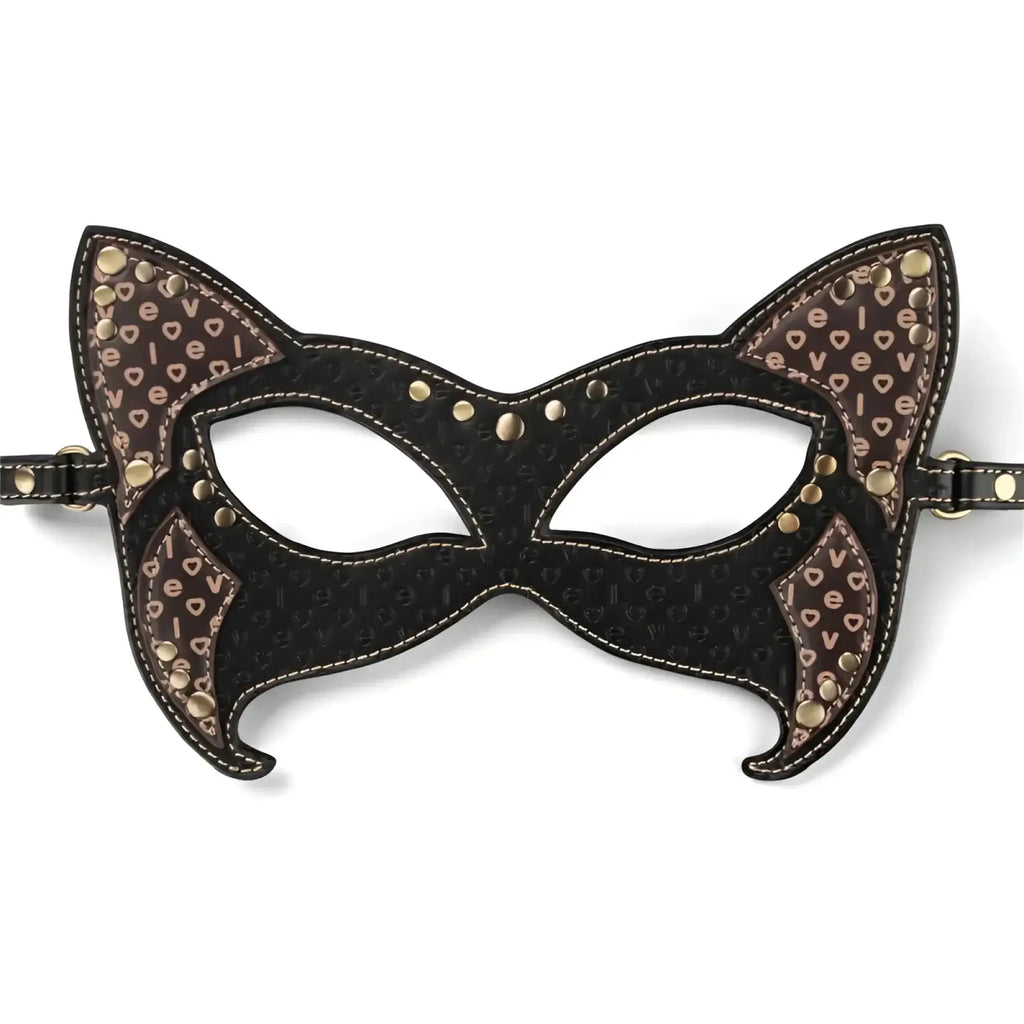 Lovetoy rebellion reign cat mask black cat-ear design with brown heart accents and gold studs for costume wear