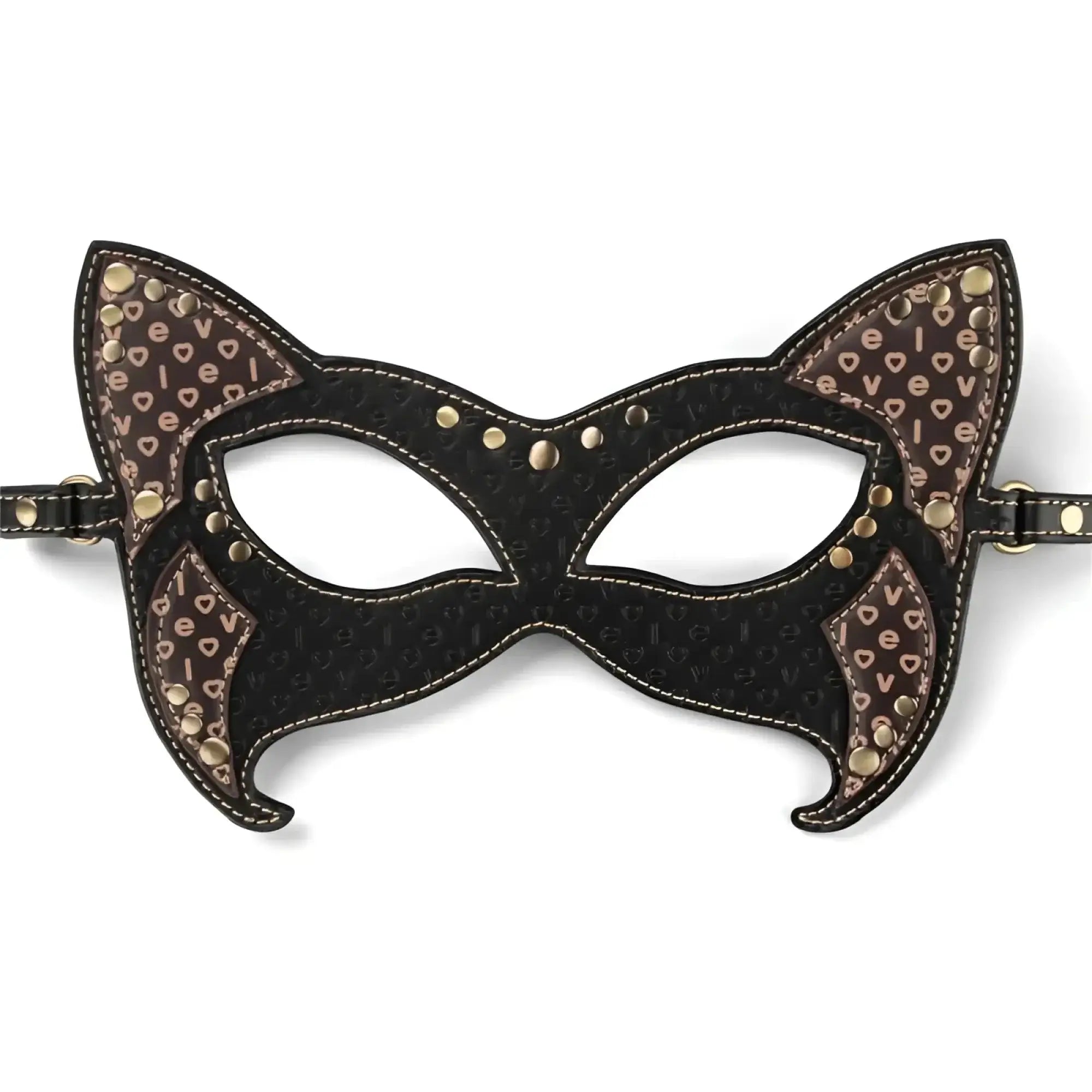 Lovetoy rebellion reign cat mask black cat-ear design with brown heart accents and gold studs for costume wear