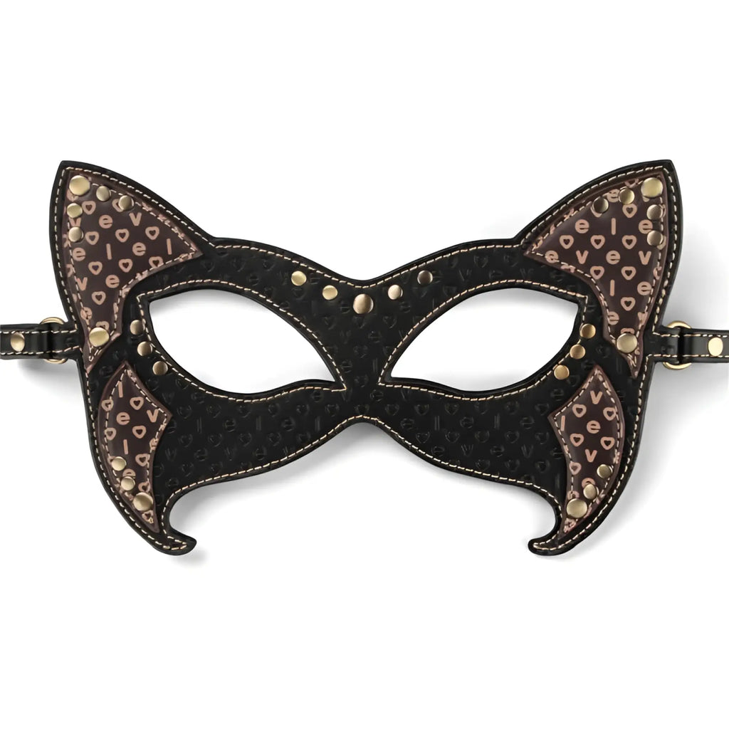 Lovetoy rebellion reign cat mask black cat-ear design with brown heart accents and gold studs for costume wear