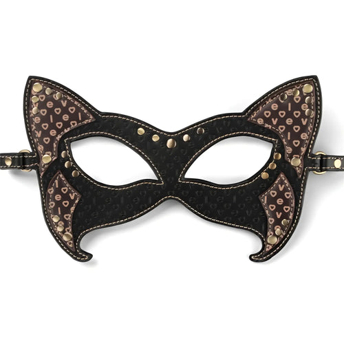 Lovetoy rebellion reign cat mask black cat-ear design with brown heart accents and gold studs for costume wear