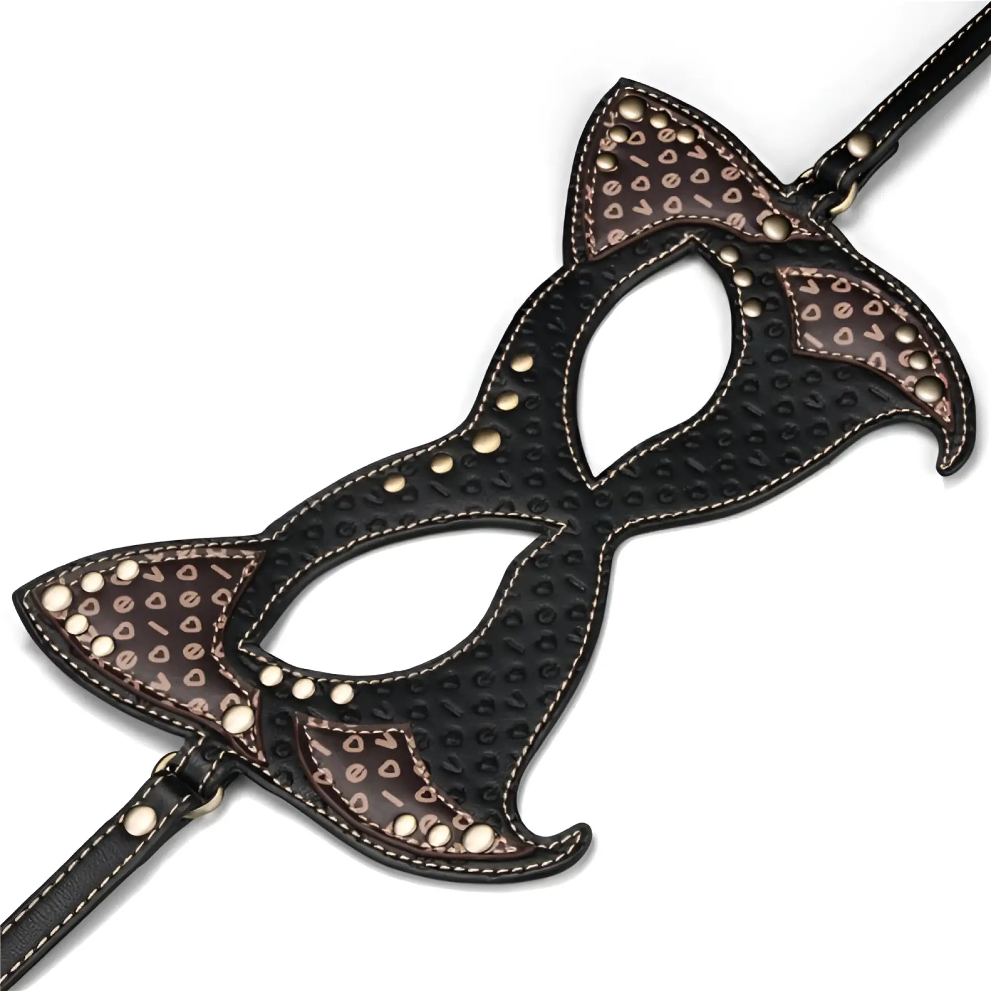Lovetoy rebellion reign cat mask black cat ear mask with brown patterned accents and gold toned studs