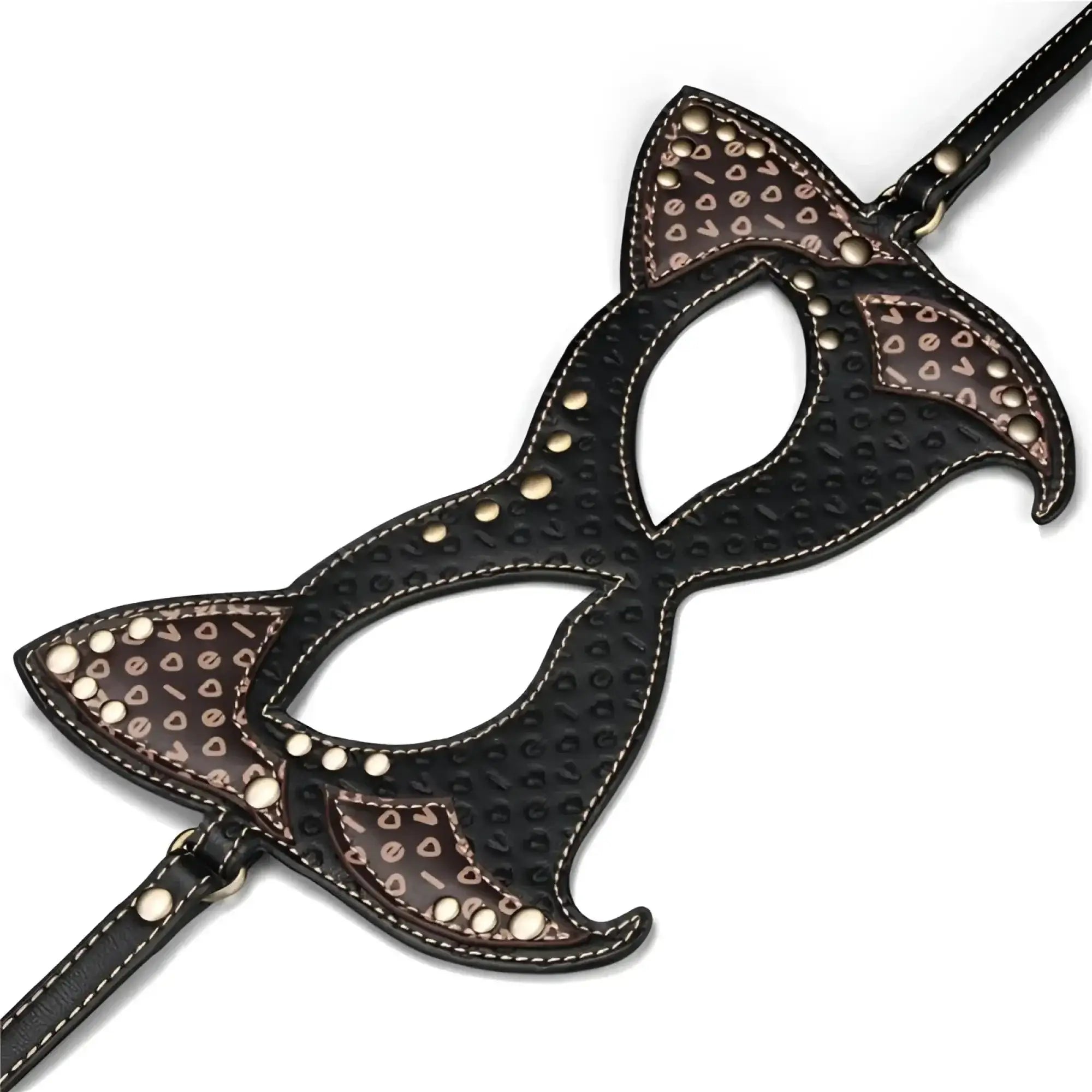 Lovetoy rebellion reign cat mask black cat ear mask with brown patterned accents and gold toned studs