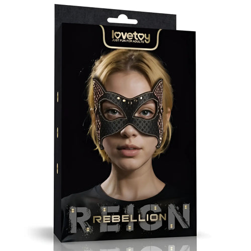 Black leather cat mask with gold studs and lace detailing by Lovetoy rebellion for bold costume and cosplay use