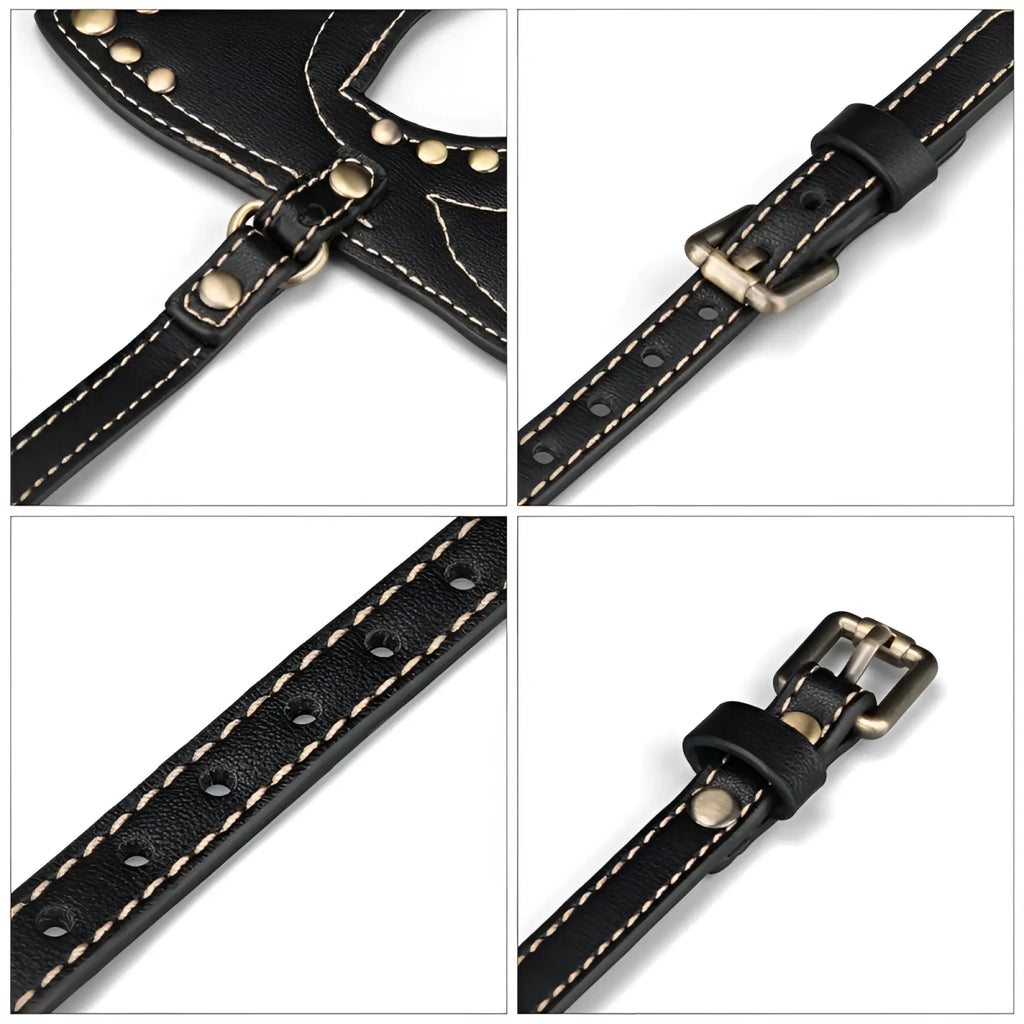 Black leather strap with white stitching and brass hardware on lovetoy rebellion reign cat mask