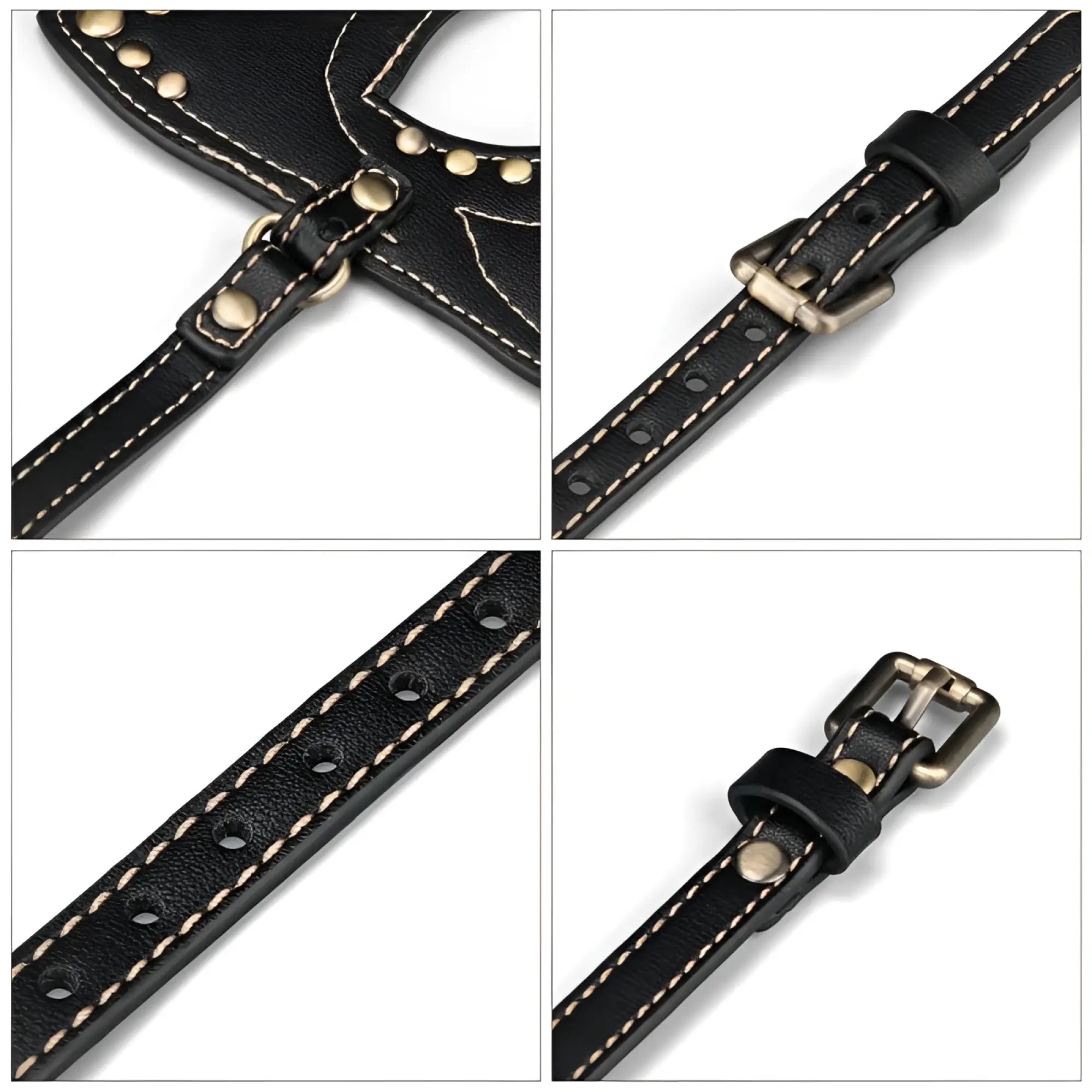 Black leather strap with white stitching and brass hardware on lovetoy rebellion reign cat mask