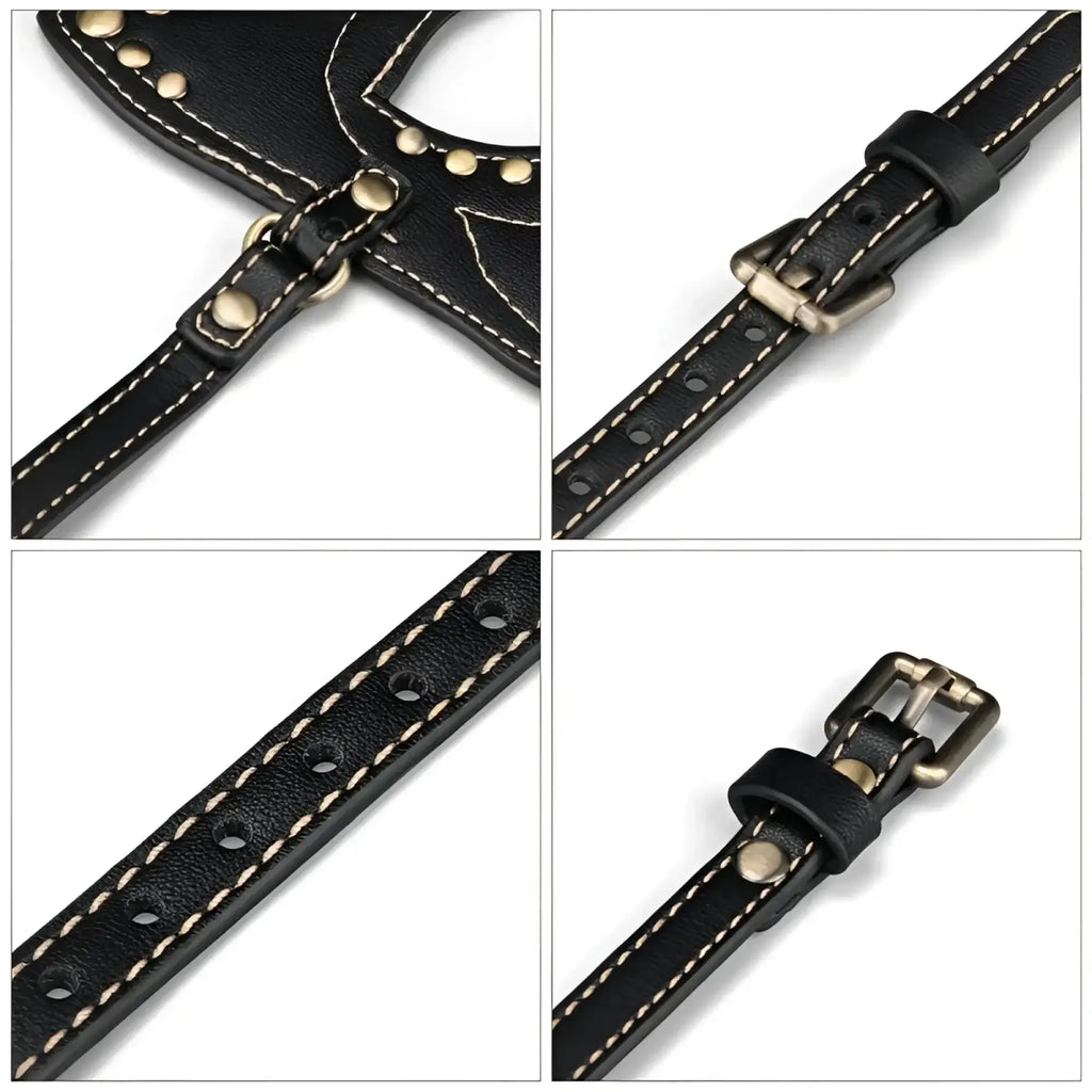 Black leather strap with white stitching and brass hardware on lovetoy rebellion reign cat mask
