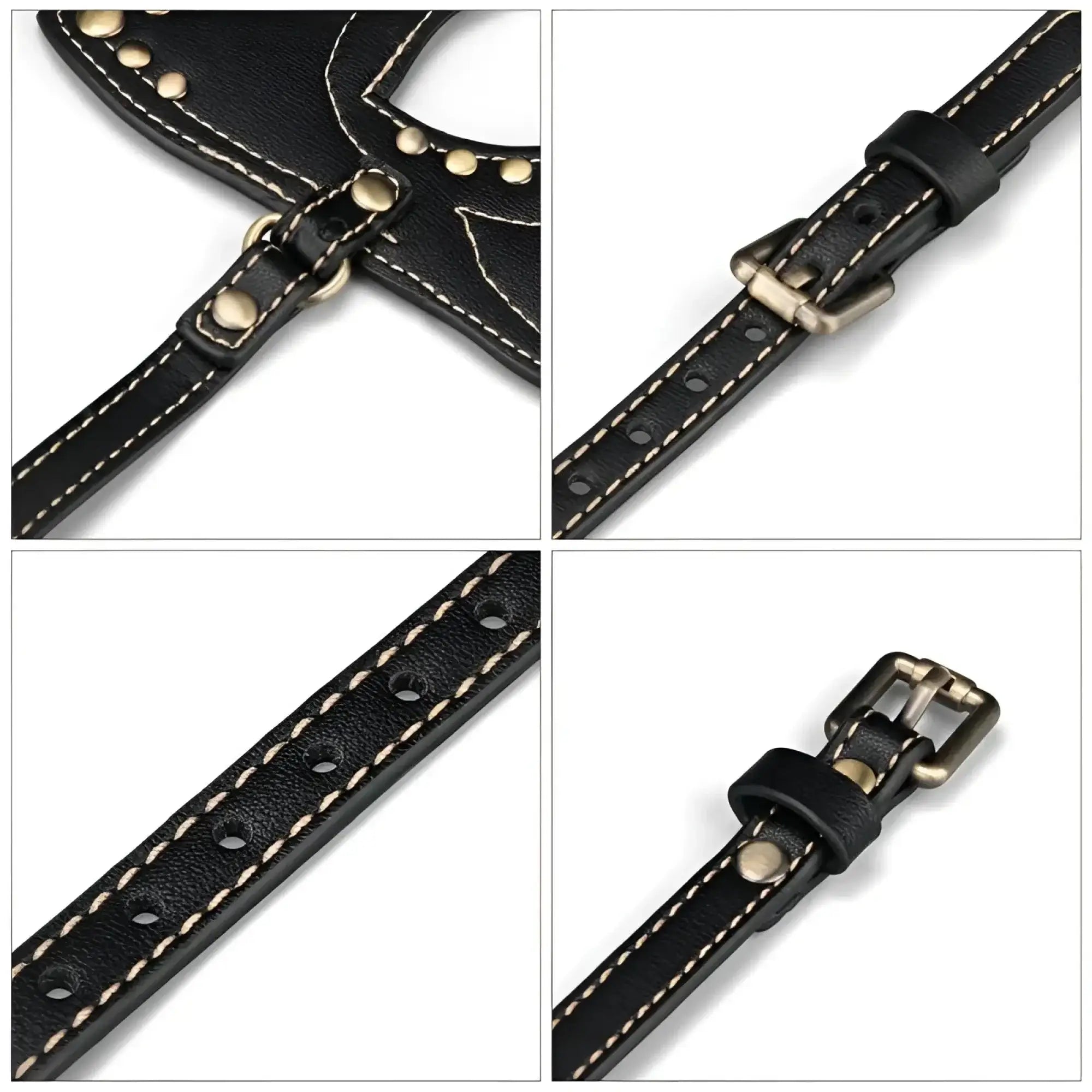 Black leather strap with white stitching and brass hardware on lovetoy rebellion reign cat mask