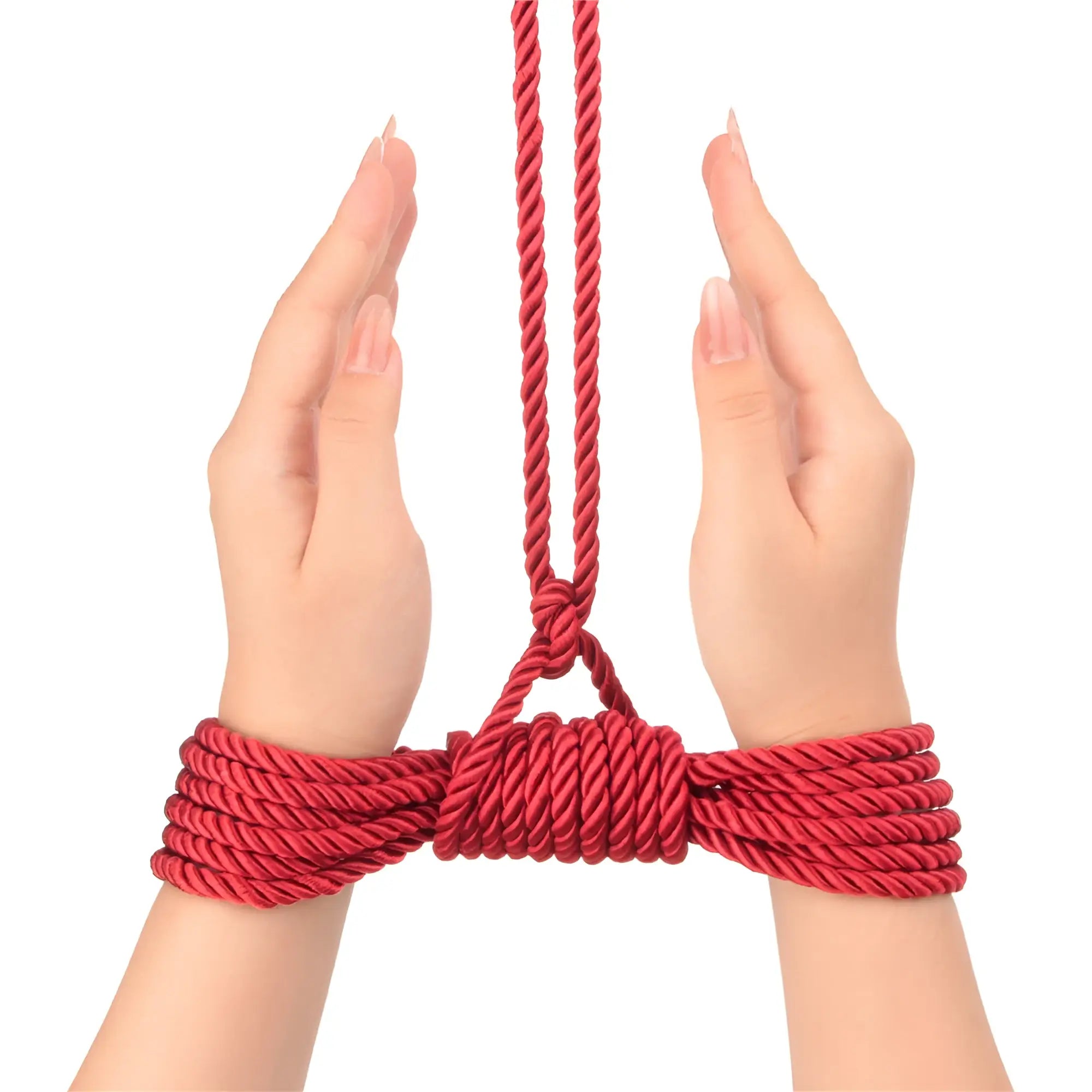 Lovetoy Rebellion Reign crimson 10m silky red braided rope bondage harness with central knot and looped ends