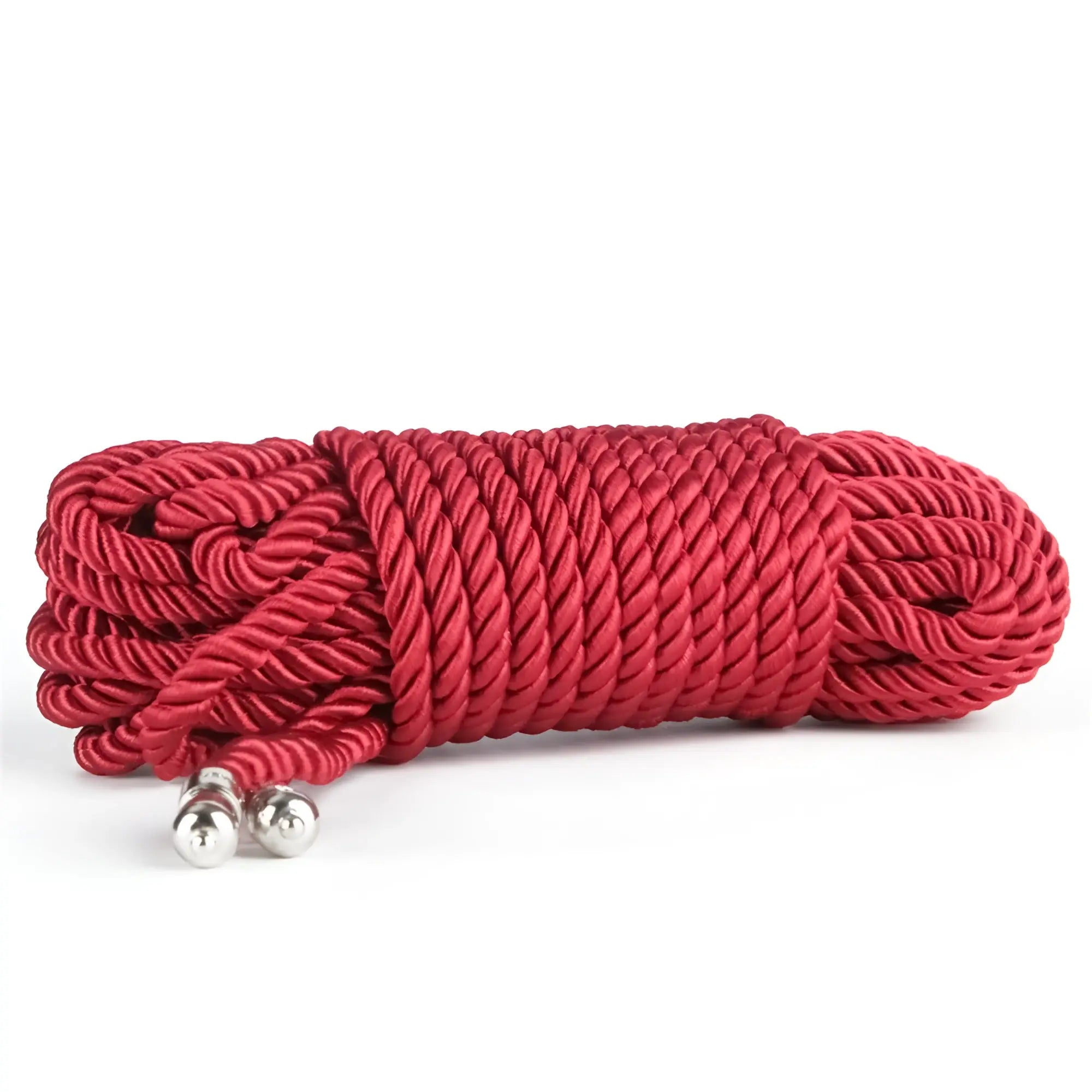 Red braided silk bondage rope with silver metal balls at each end from lovetoy rebellion reign crimson 10m collection