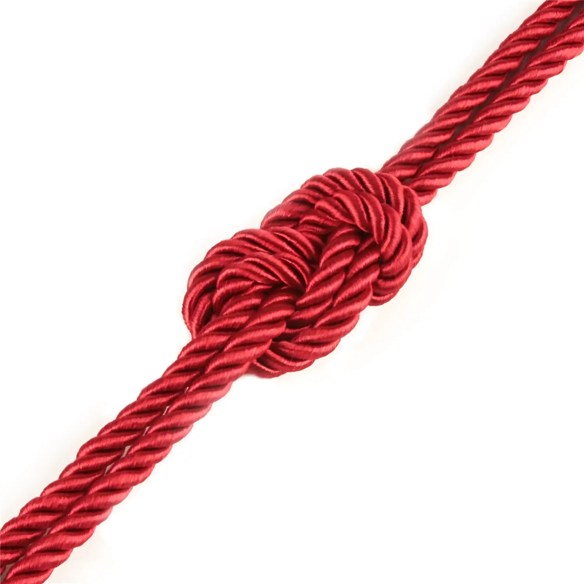 Lovetoy Rebellion Reign crimson 10m silky bondage rope in vibrant red satin finish with tightly woven texture and intricate knot