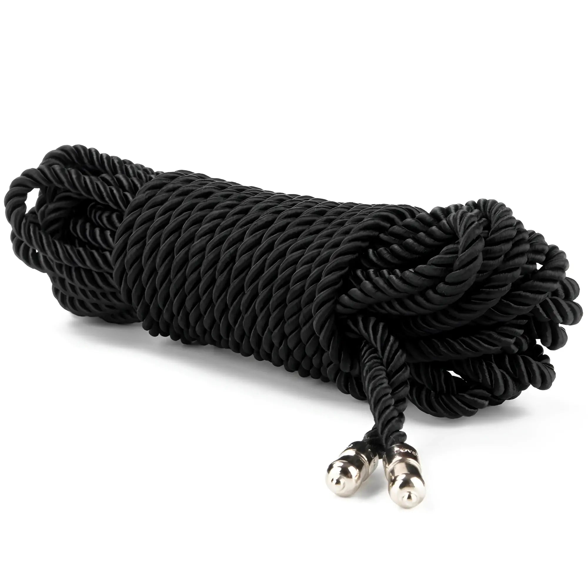 Lovetoy rebellion reign ebony 10m silky bondage rope black with silver toned metal tipped black braided rope