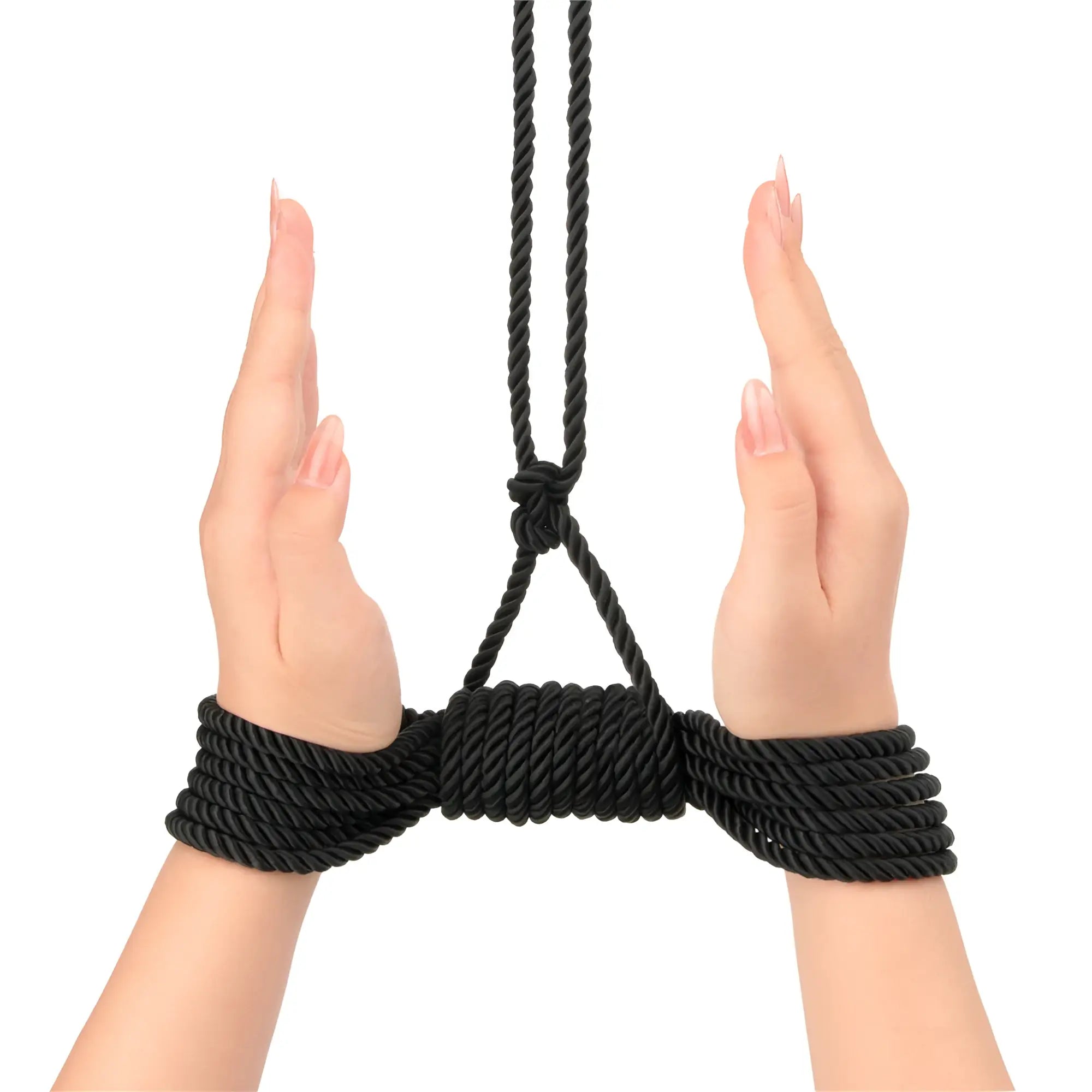 Black rope bondage harness with twisted cord and knotted design made of silky Lovetoy rebellion reign ebony 10m rope
