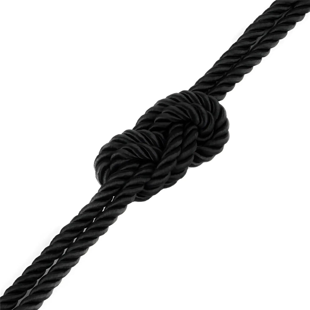 Lovetoy rebellion reign ebony 10m silky bondage rope in black twisted with a neatly tied knot
