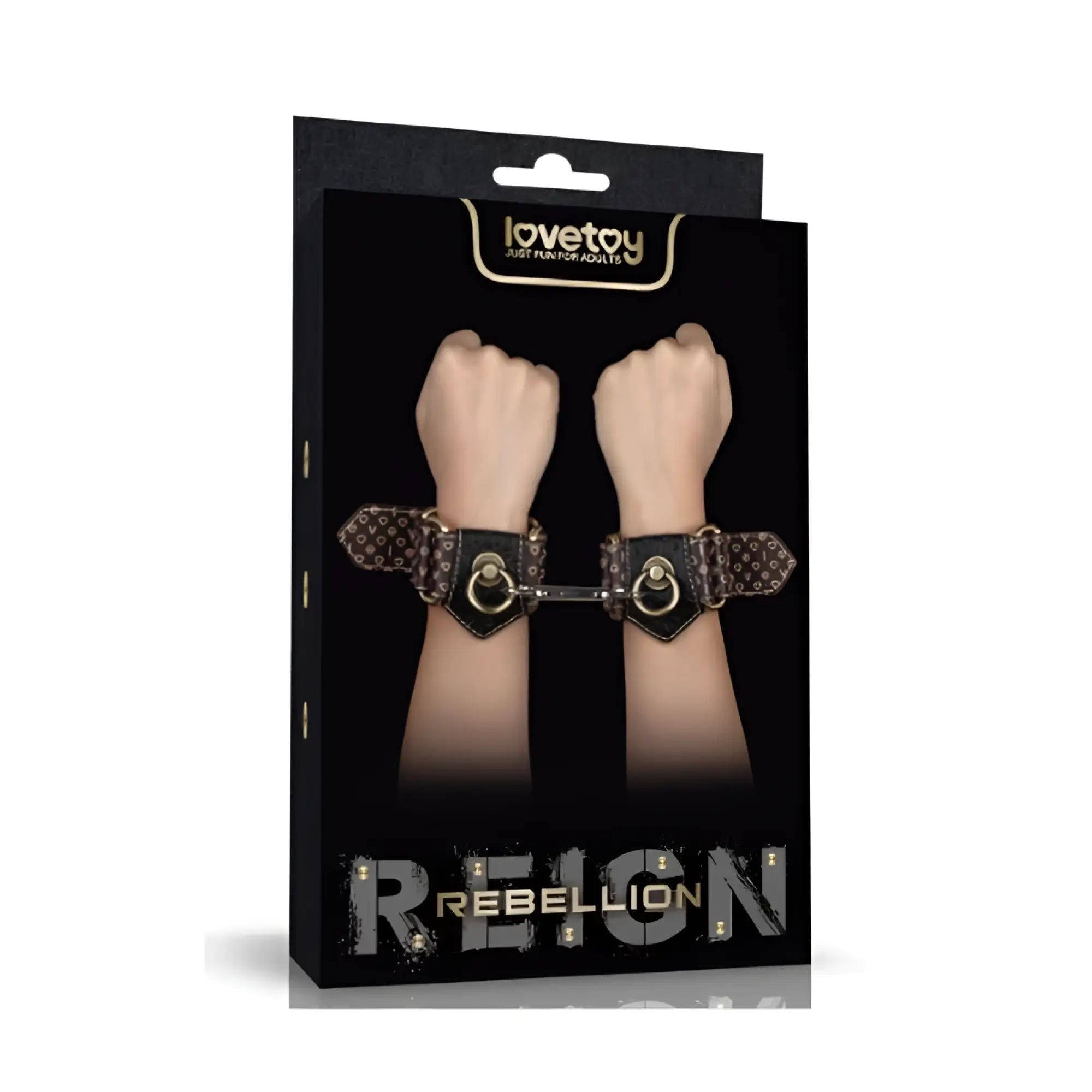 Black leather wrist cuffs with gold-tone metal rings and patterned design branded as rebellion by lovetoy