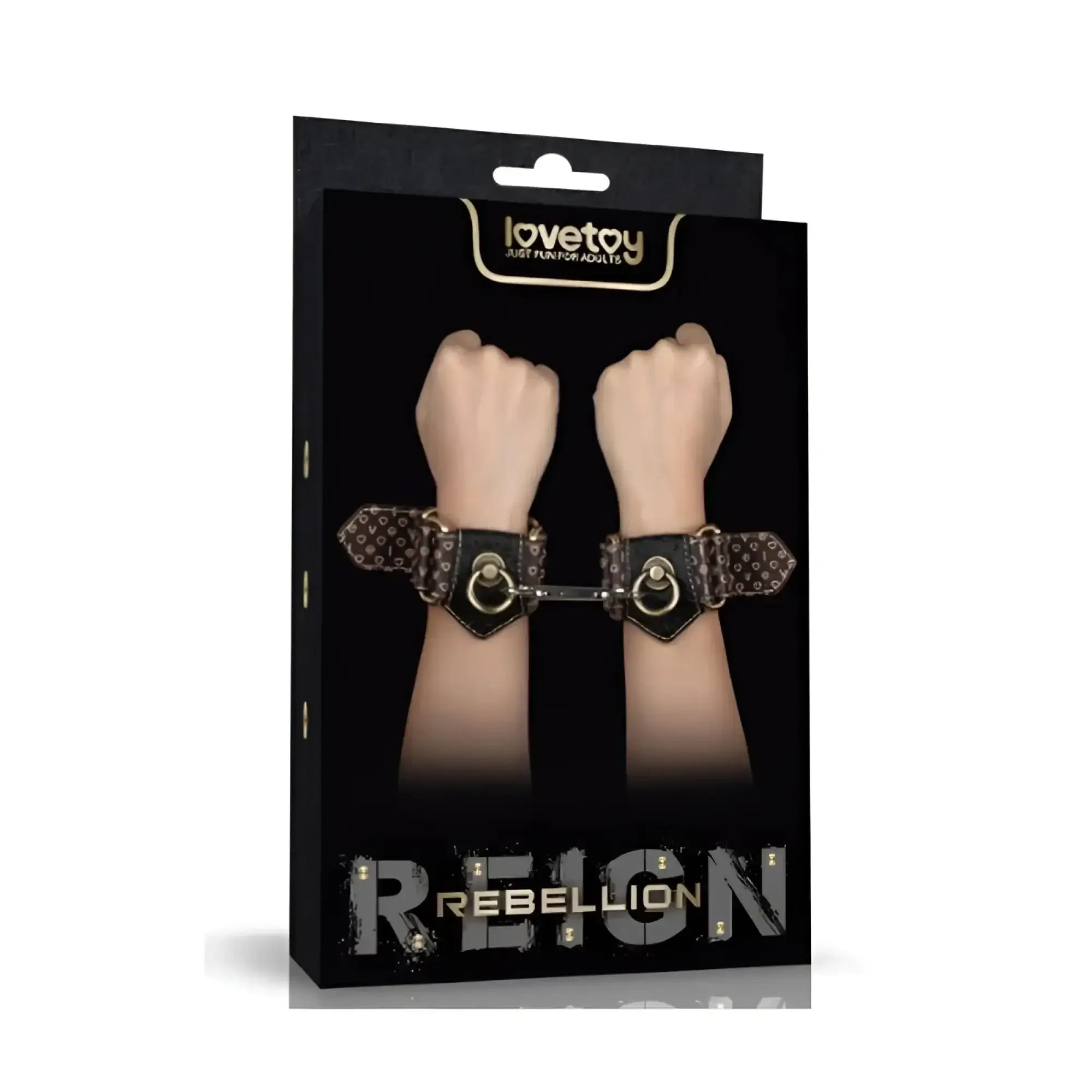 Black leather wrist cuffs with gold-tone metal rings and patterned design branded as rebellion by lovetoy