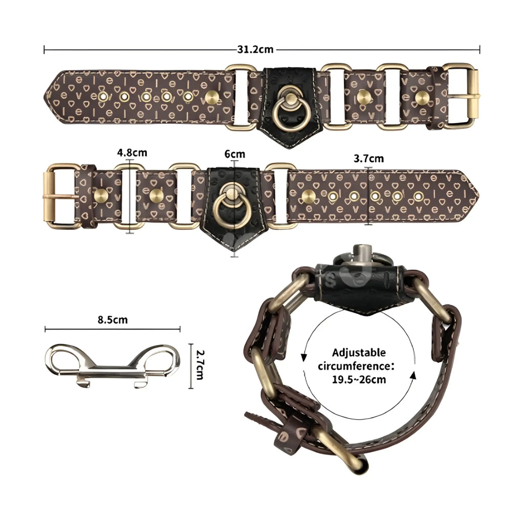 Lovetoy rebellion reign handcuffs in brown leather dog collar style with gold metal hearts and hardware details