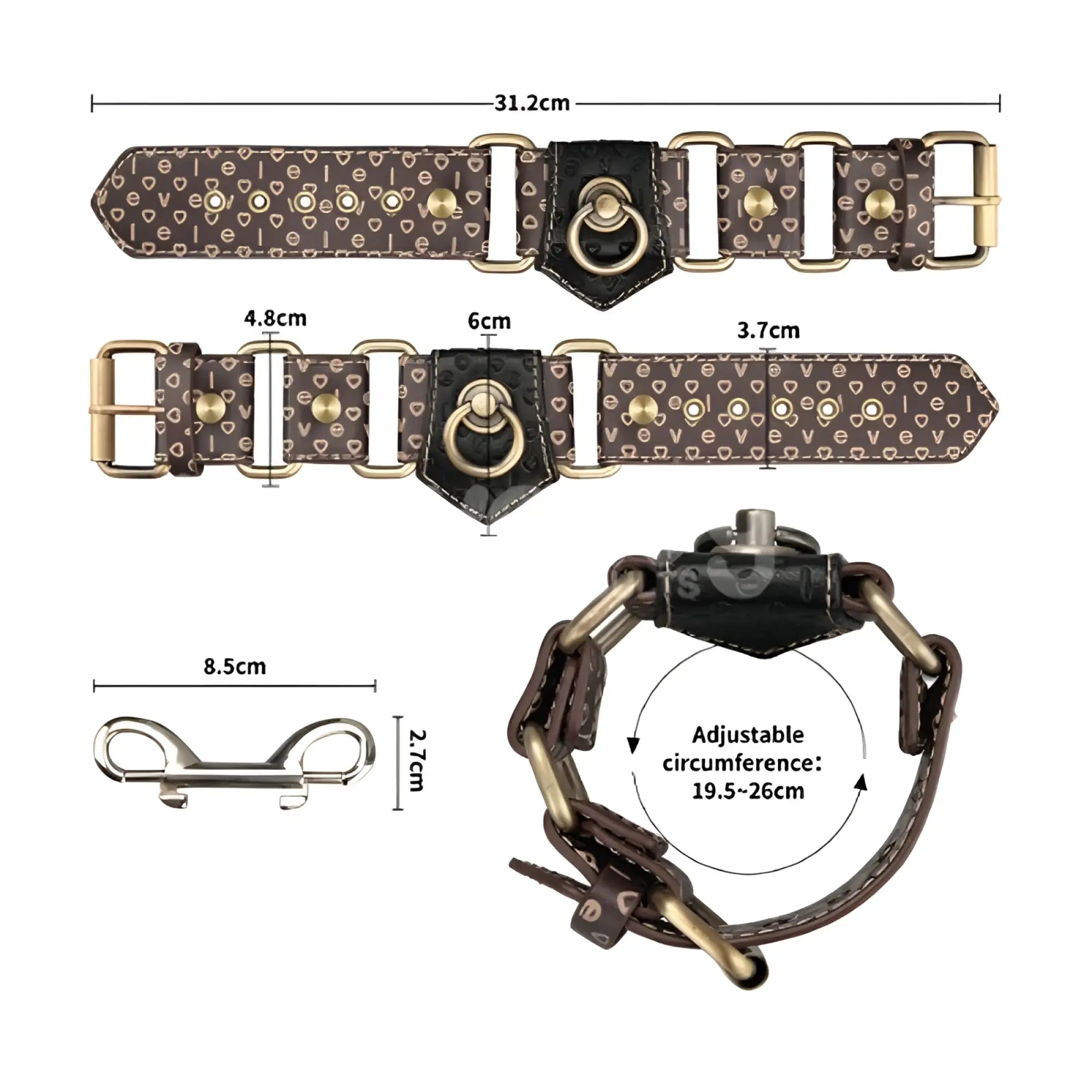 Lovetoy rebellion reign handcuffs in brown leather dog collar style with gold metal hearts and hardware details