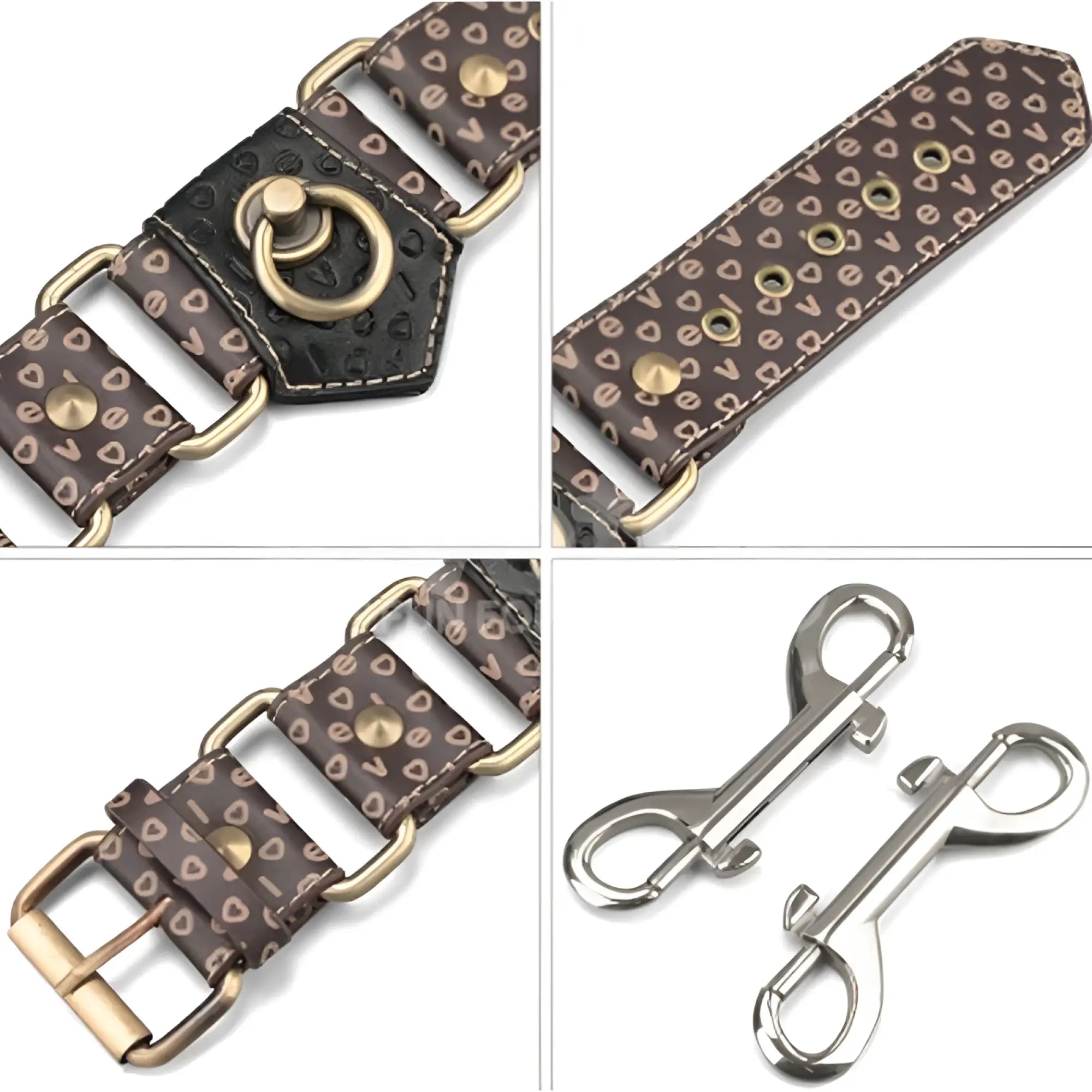 Brown leather dog collar with light geometric pattern brass hardware and two silver metal d-rings for rebellion reign handcuffs