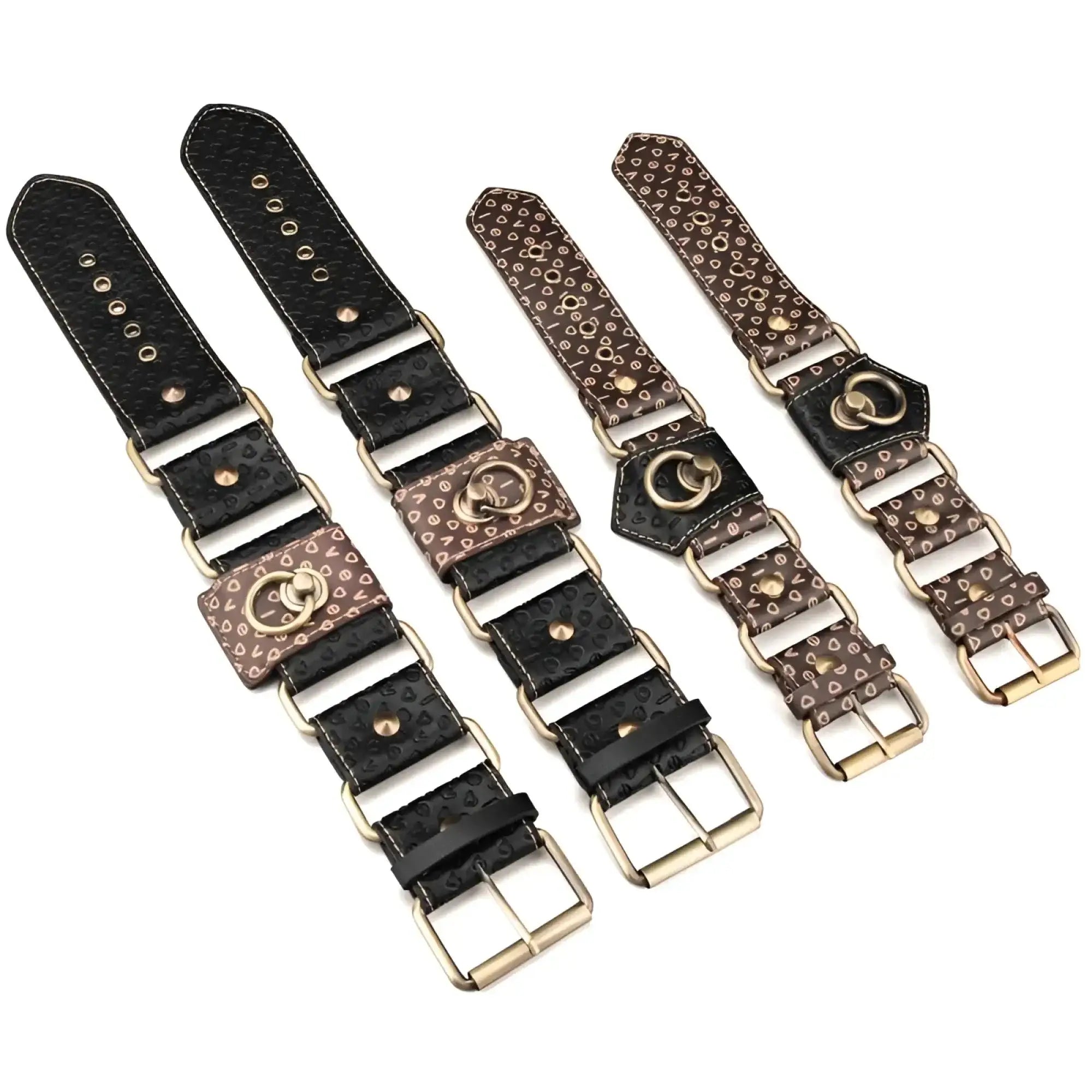 Black and brown patterned leather watch straps with gold-tone hardware from lovetoy rebellion reign hogtie set
