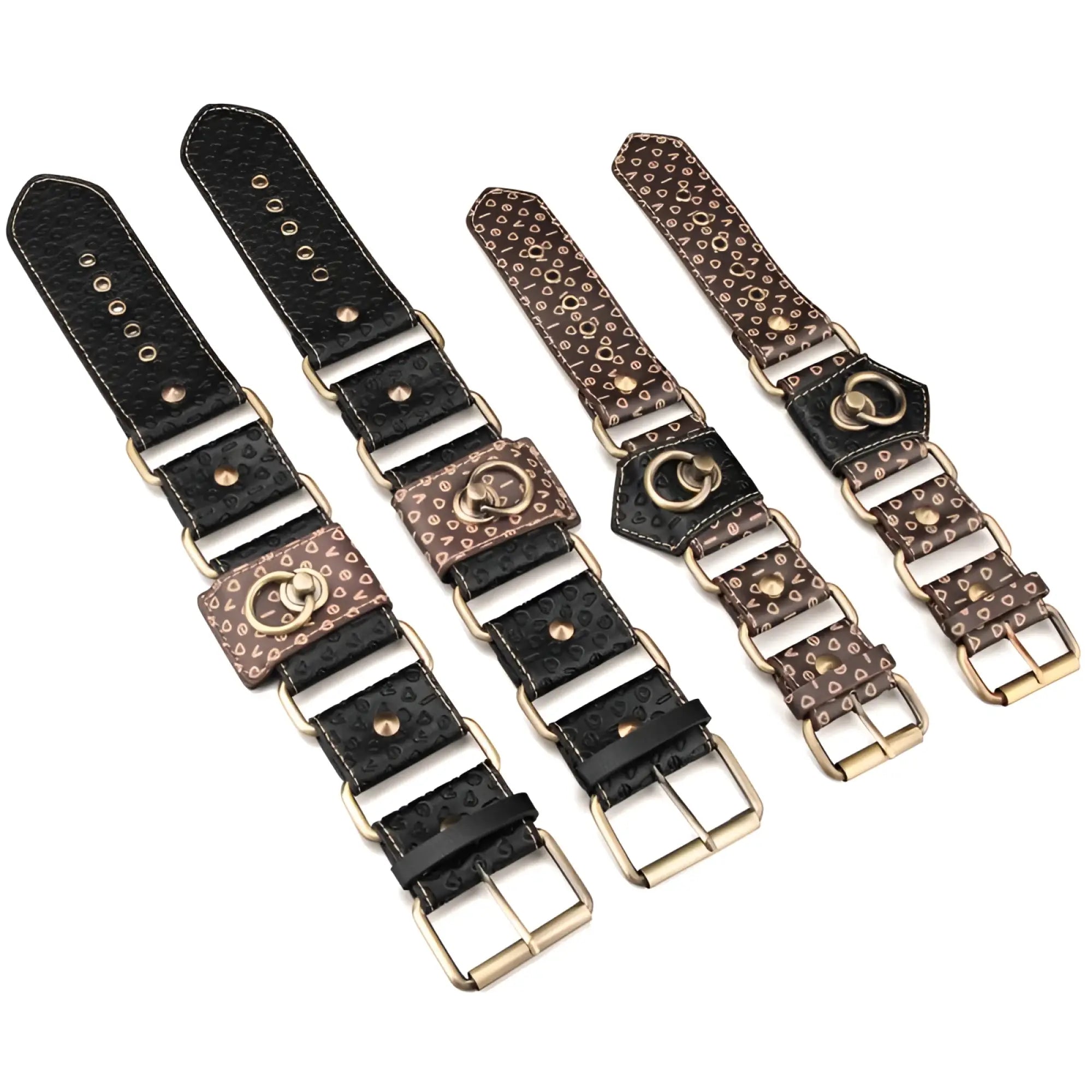 Black and brown patterned leather watch straps with gold-tone hardware from lovetoy rebellion reign hogtie set