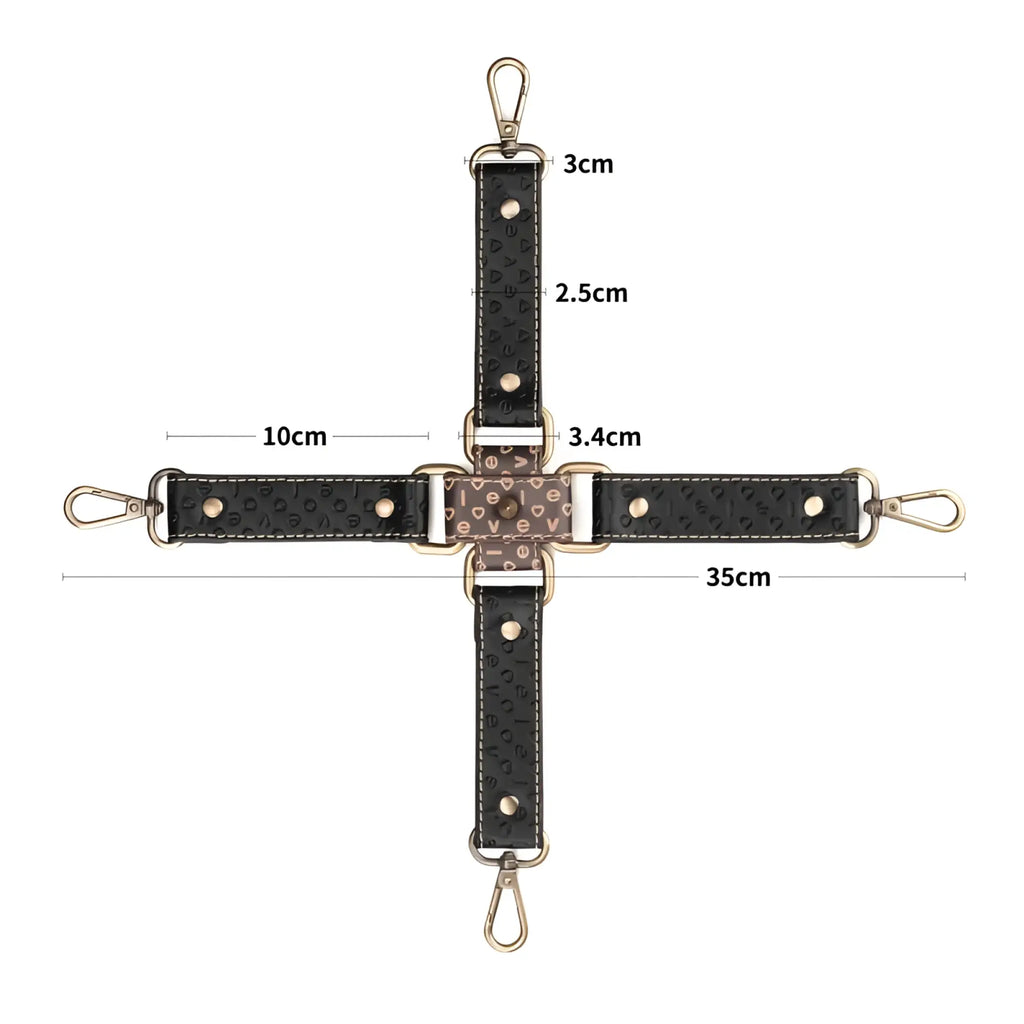 Black leather crossbody strap with embossed lettering and gold-tone hardware for lovetoy rebellion reign hogtie set