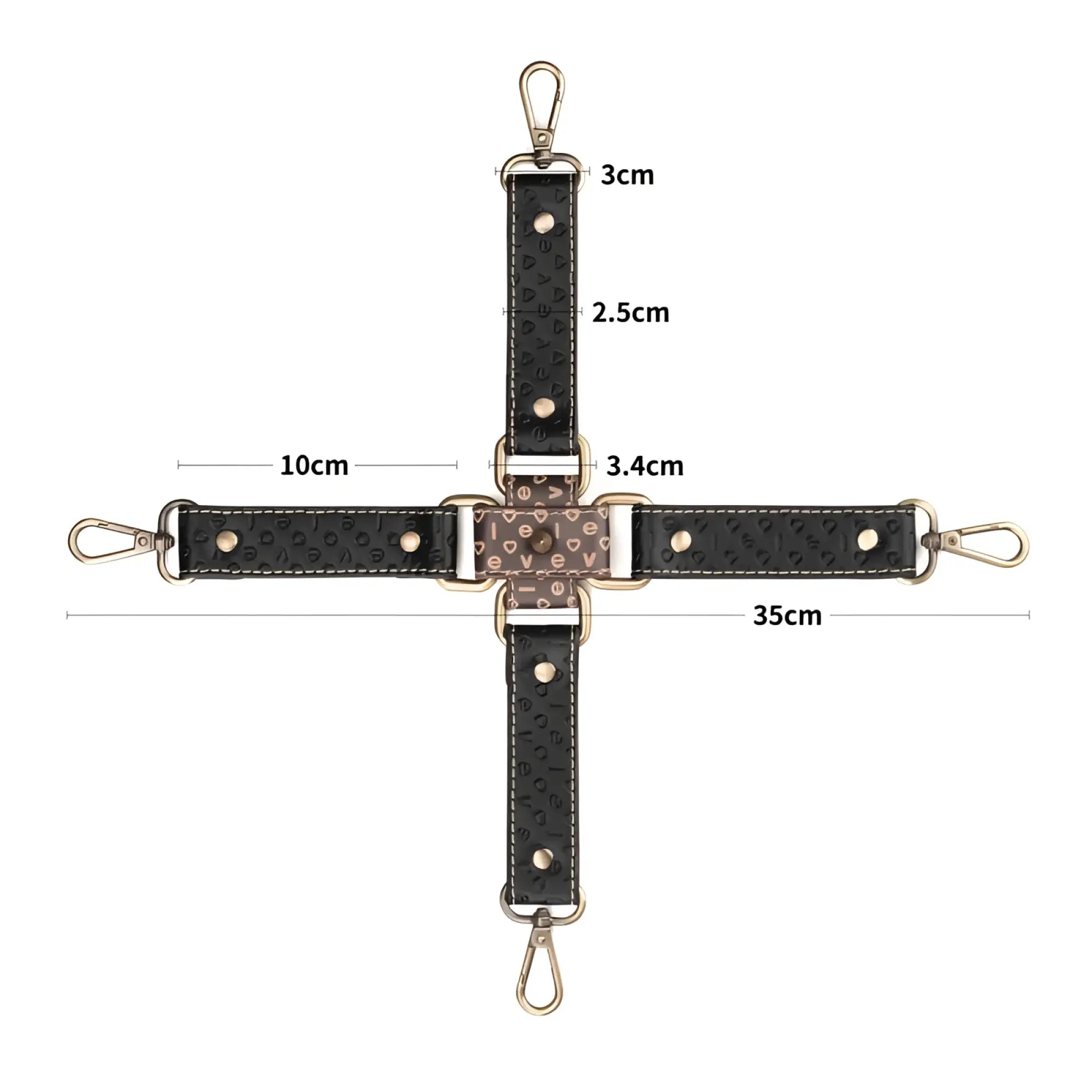 Black leather crossbody strap with embossed lettering and gold-tone hardware for lovetoy rebellion reign hogtie set