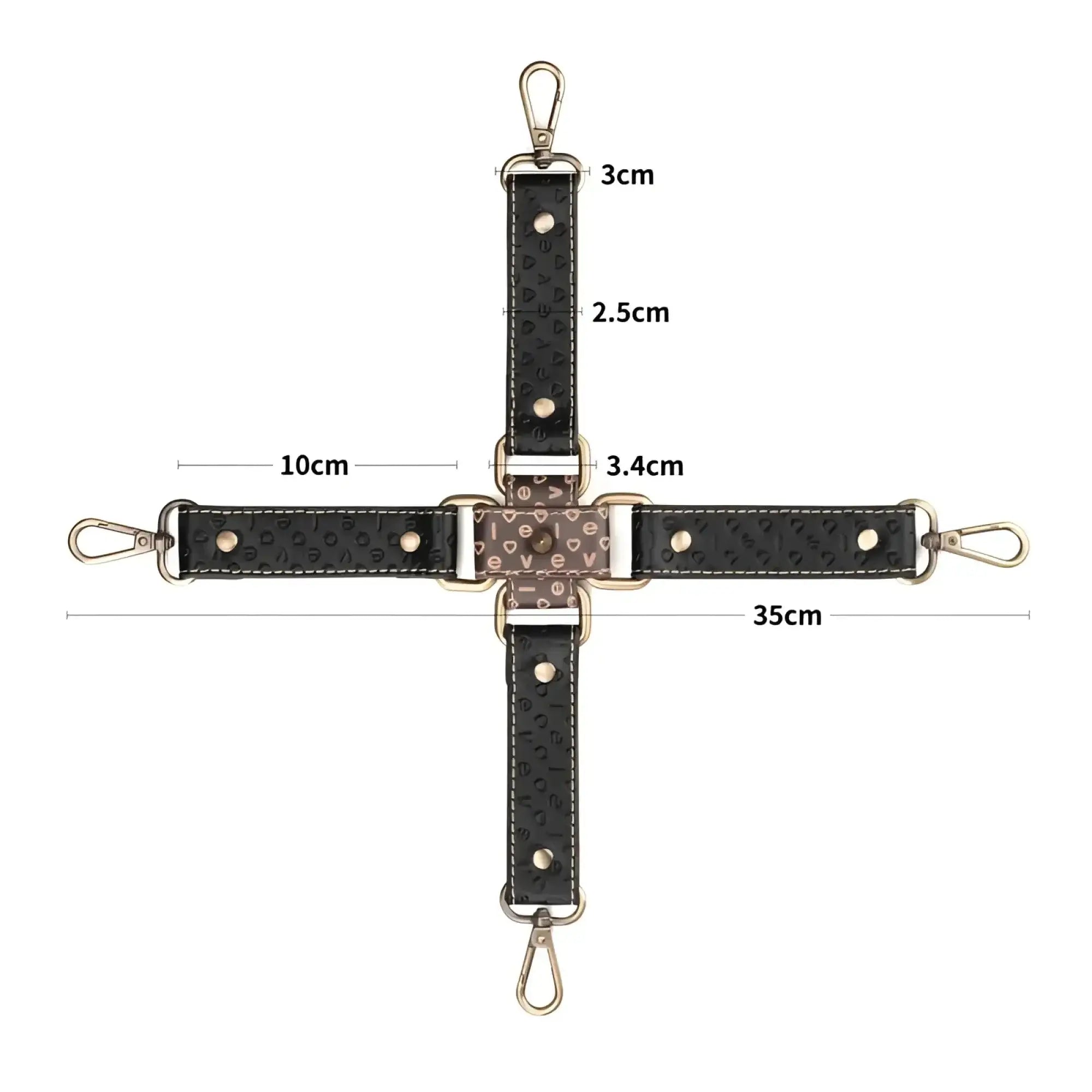 Black leather crossbody strap with embossed lettering and gold-tone hardware for lovetoy rebellion reign hogtie set