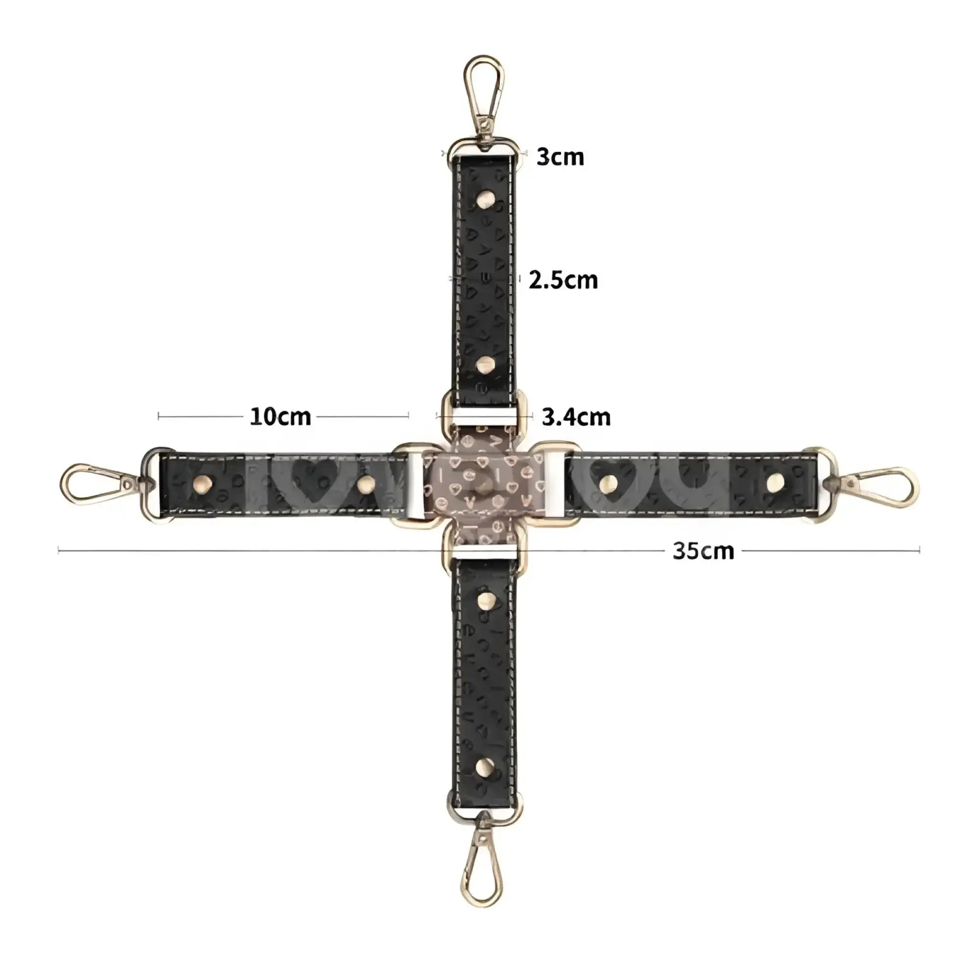Black textured leather crossbody strap with gold-tone hardware and heart-shaped embellishments.
