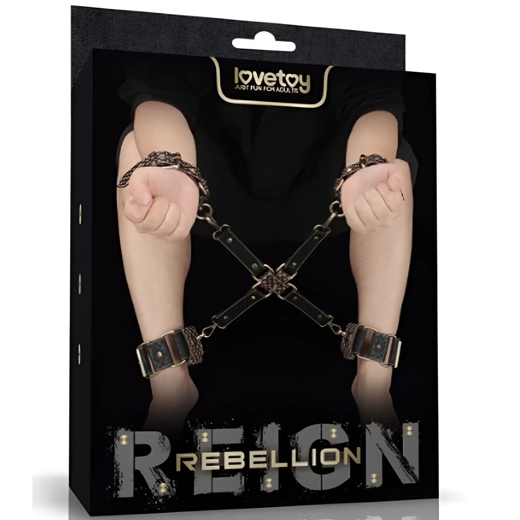 Lovetoy Rebellion Reign hogtie set black leather and metal handcuffs with chain for restraint play
