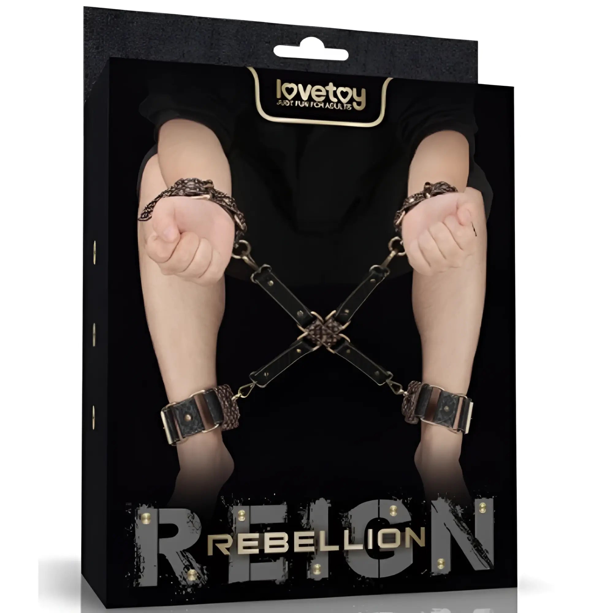 Lovetoy Rebellion Reign hogtie set black leather and metal handcuffs with chain for restraint play