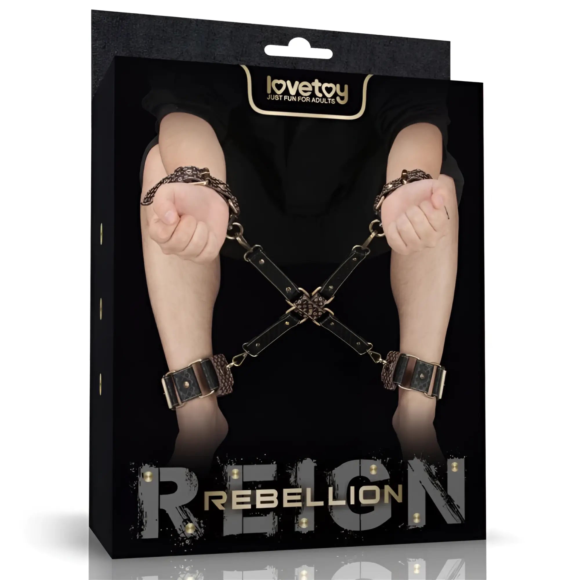 Lovetoy rebellion reign hogtie set black leather and metal handcuffs with crossbar design for bondage play