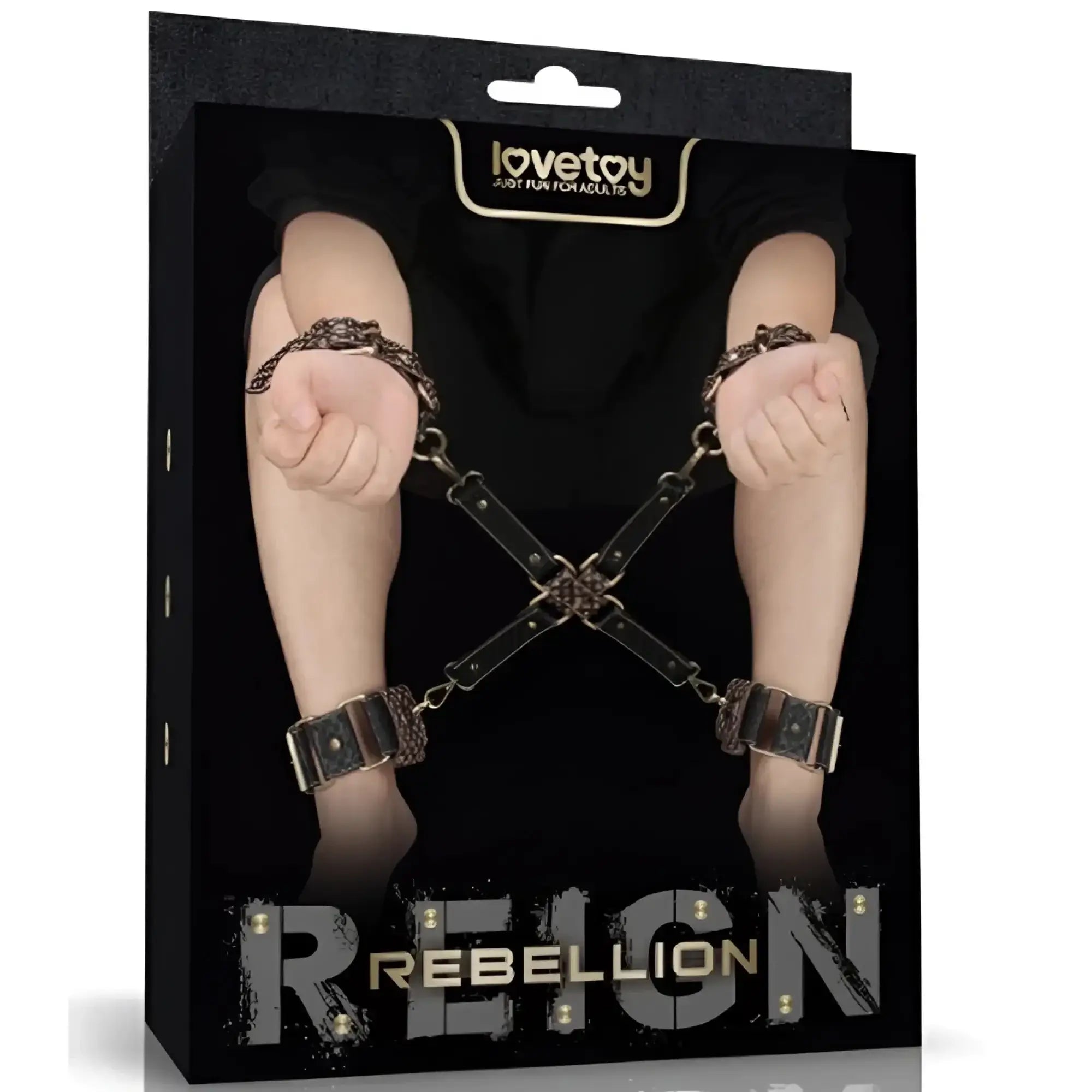 Lovetoy Rebellion Reign hogtie set black leather and metal handcuffs with chain for restraint play