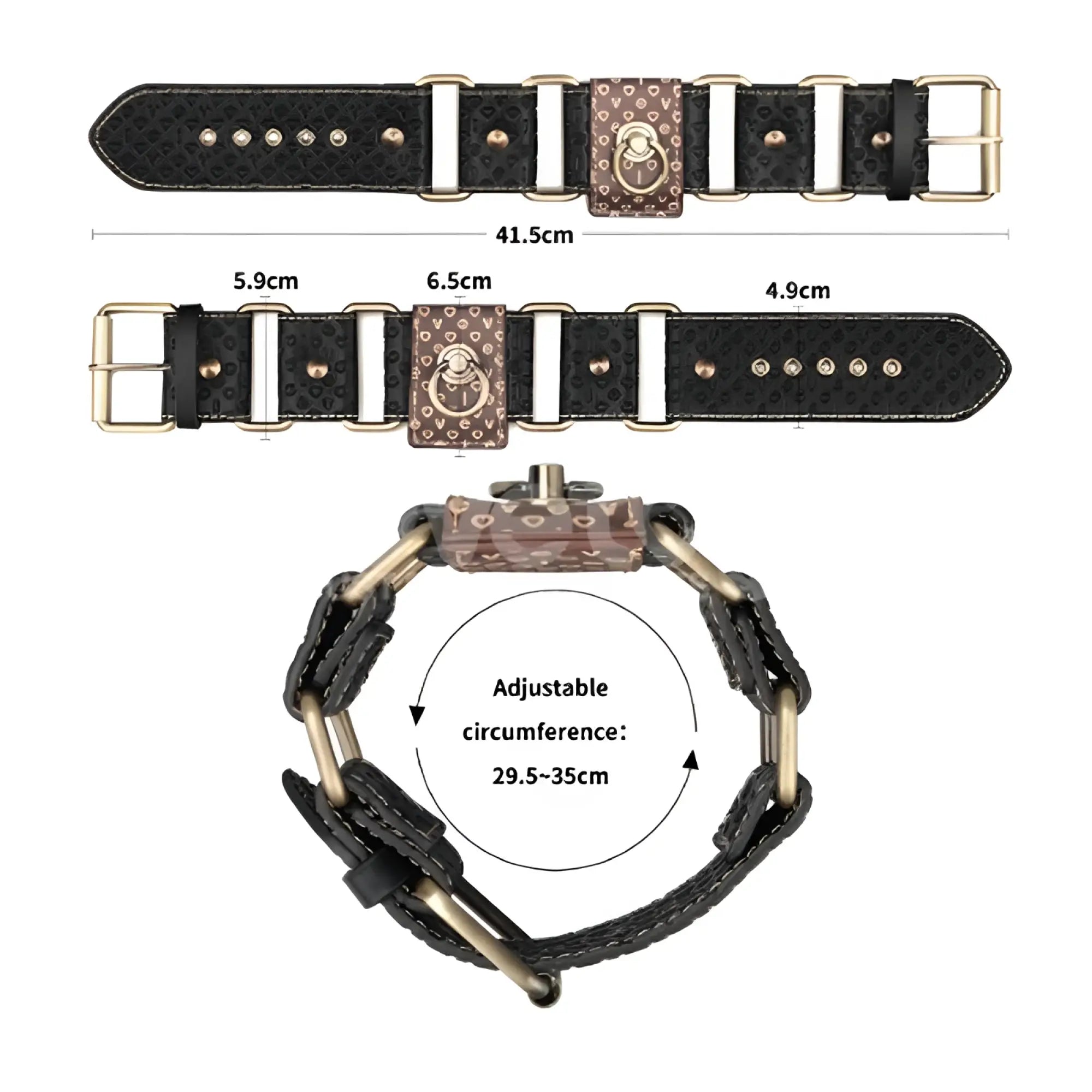 Black textured leather watch strap with gold-tone hardware and patterned brown buckle for lovetoy rebellion reign hogtie set