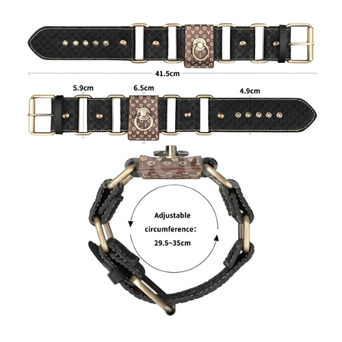 Black textured leather watch strap with gold-tone hardware and patterned brown buckle for lovetoy rebellion reign hogtie set