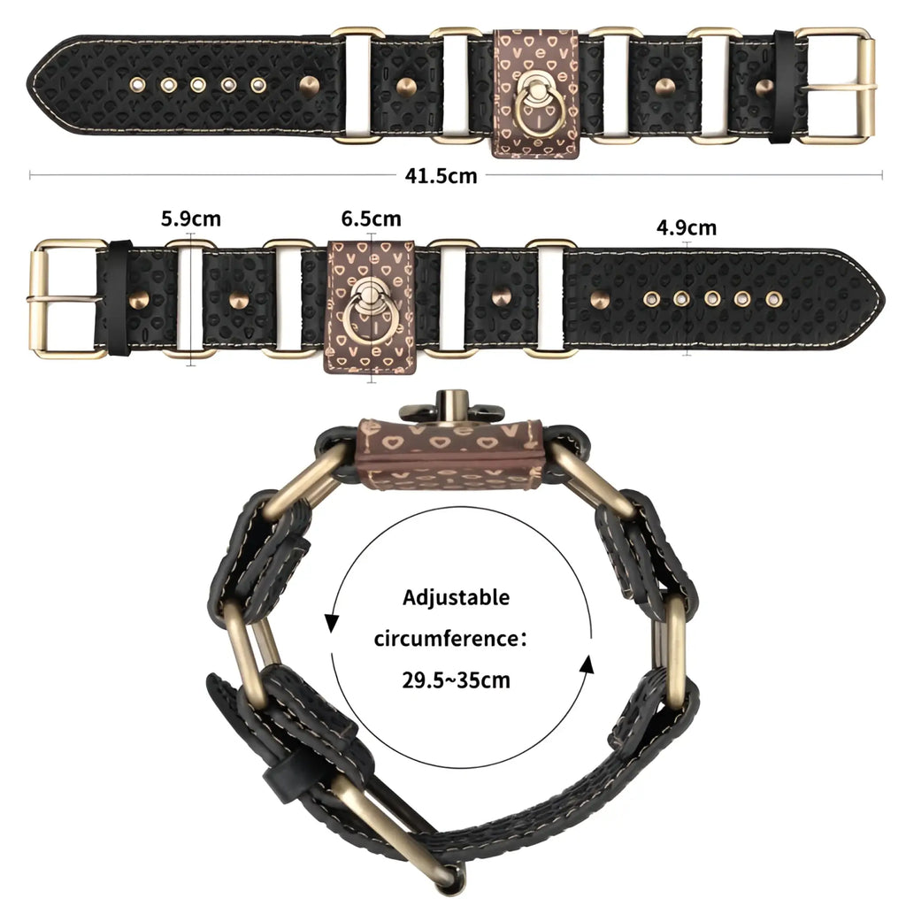 Black textured leather wristband with brown heart-patterned ring clasp and brass hardware in lovetoy rebellion reign hogtie set